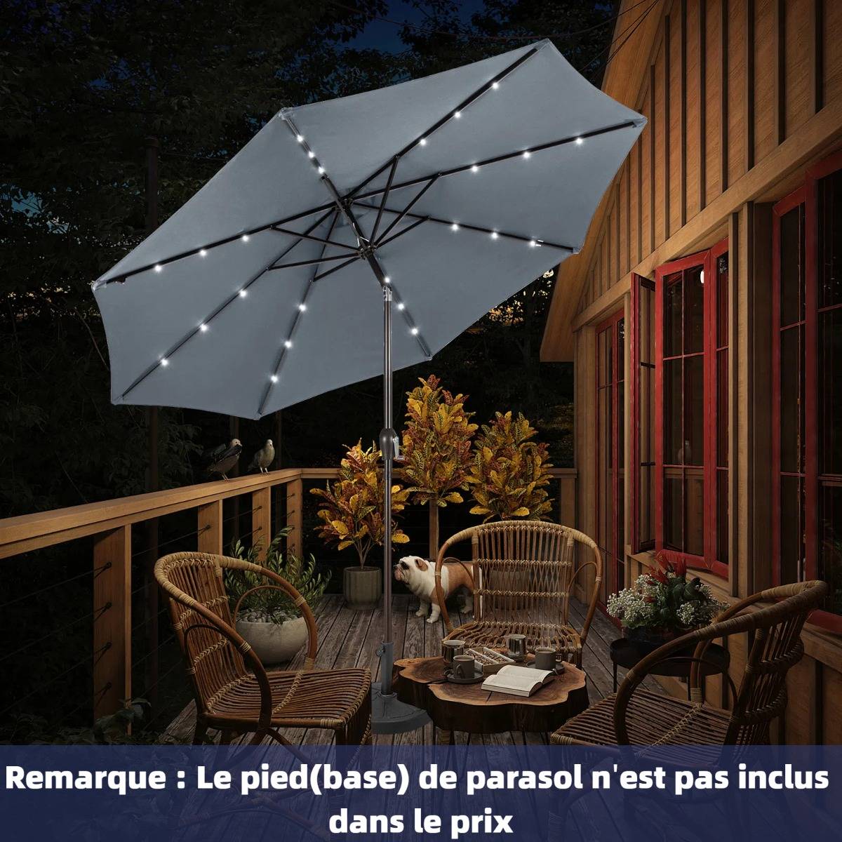 Parasol Inclinable Dia.300cm LED Dolaire en Scier Toile Polyester pour Jardin et Terrasse Gris - Image 2