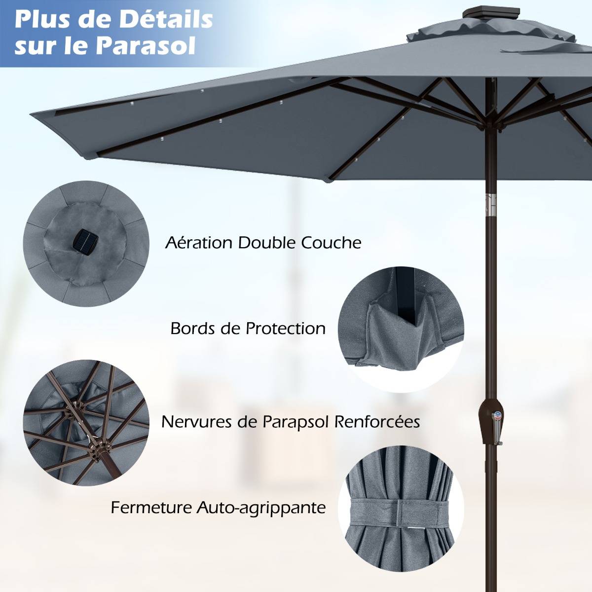Parasol Inclinable Dia.300cm LED Dolaire en Scier Toile Polyester pour Jardin et Terrasse Gris - Image 4