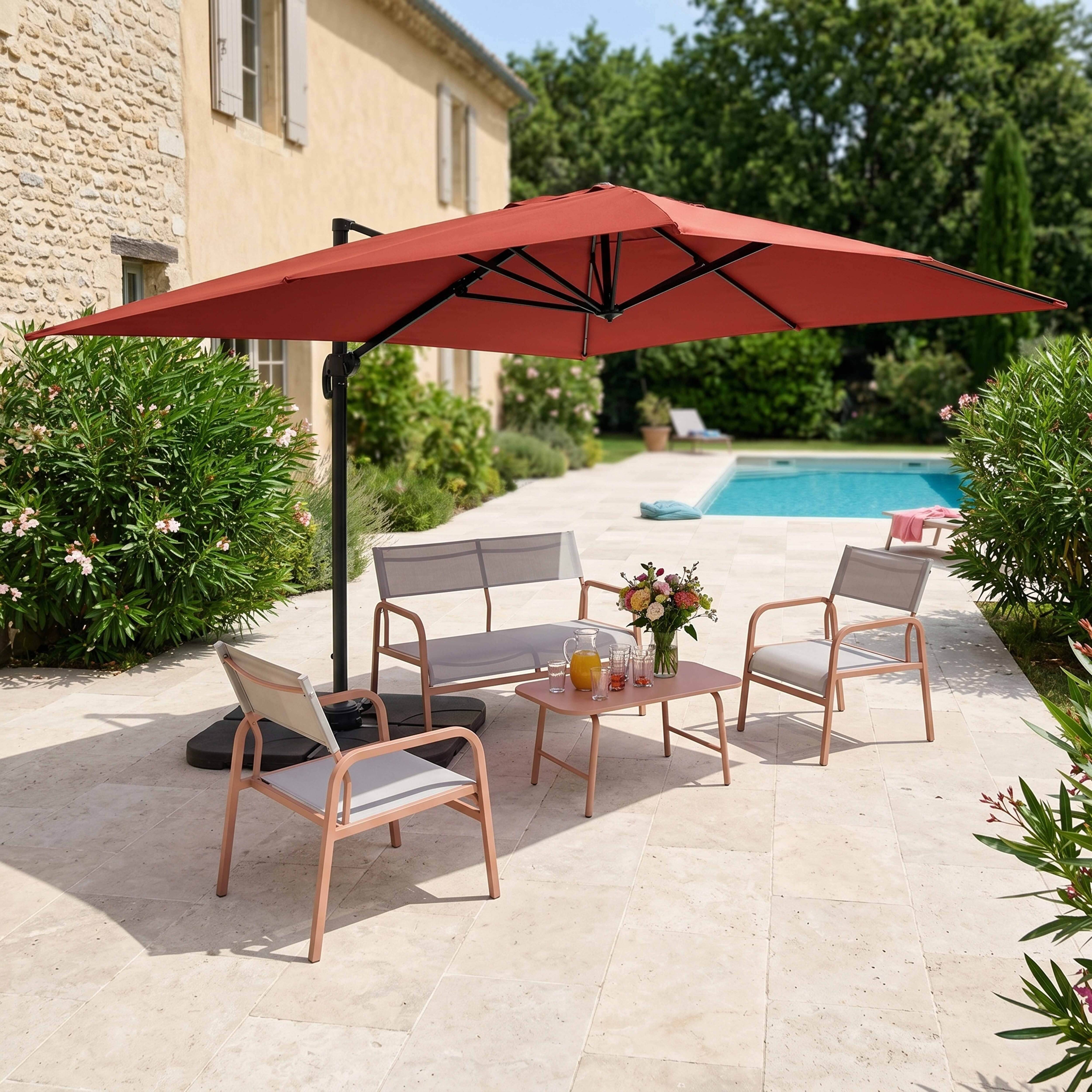 Oviala - Parasol déporté 4x3 m inclinable + 4 dalles à lester terracotta Caserta - Oviala - Image 2