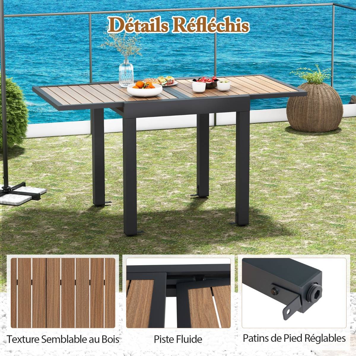 Table de Jardin Extensible en Aluminium Ajustable de 80 à 160 CM Table à Manger Extérieure Rectangulaire pour 4-6 Personnes Naturel - Image 6