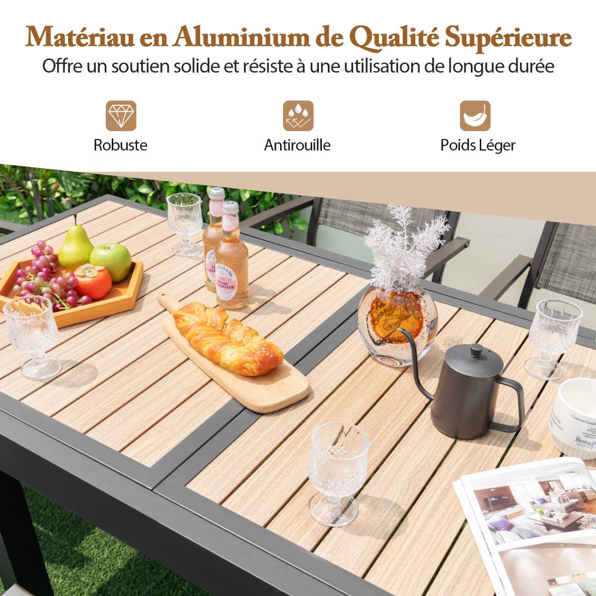 Table de Jardin Extensible en Aluminium Ajustable de 80 à 160 CM Table à Manger Extérieure Rectangulaire pour 4-6 Personnes Naturel - Image 7