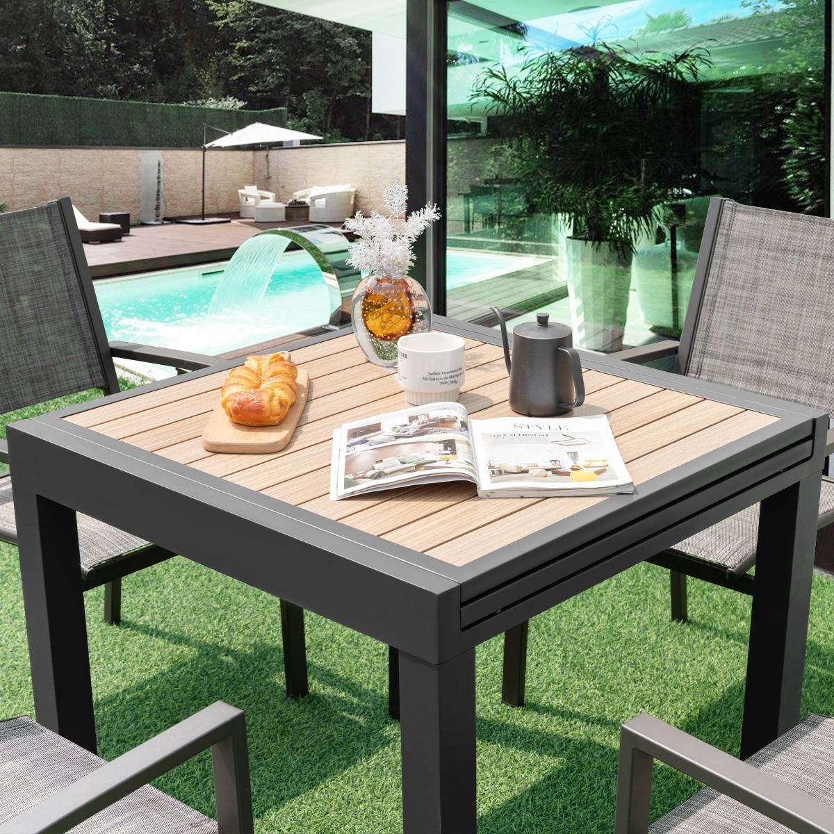 Table de Jardin Extensible en Aluminium Ajustable de 80 à 160 CM Table à Manger Extérieure Rectangulaire pour 4-6 Personnes Naturel - Image 2