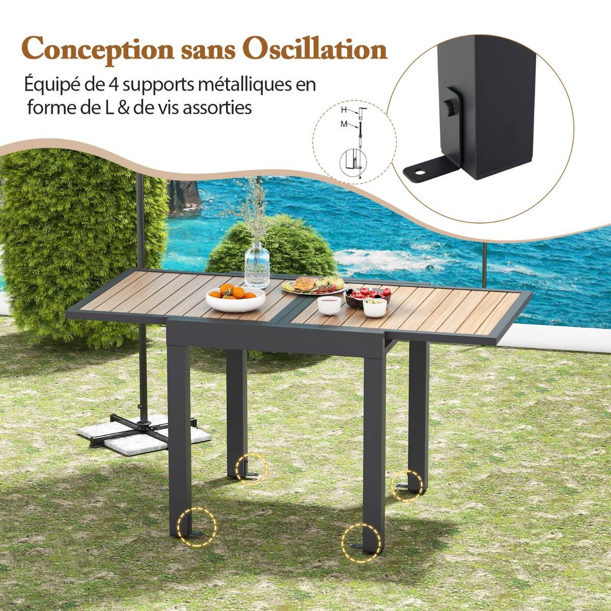 Table de Jardin Extensible en Aluminium Ajustable de 80 à 160 CM Table à Manger Extérieure Rectangulaire pour 4-6 Personnes Naturel - Image 8