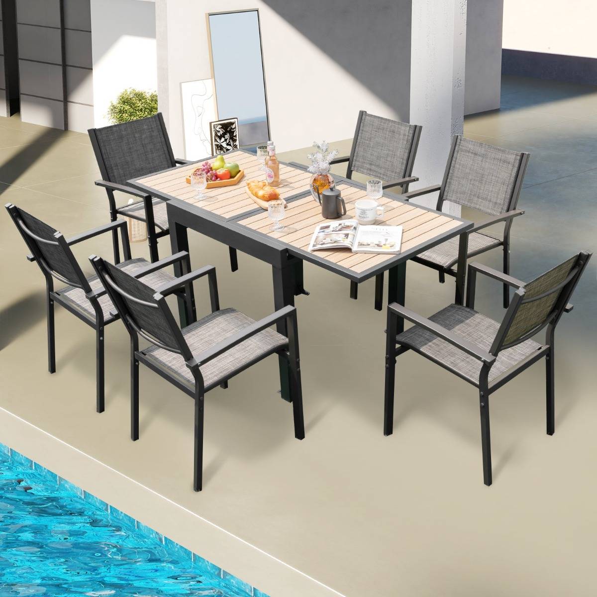 Table de Jardin Extensible en Aluminium Ajustable de 80 à 160 CM Table à Manger Extérieure Rectangulaire pour 4-6 Personnes Naturel - Image 3