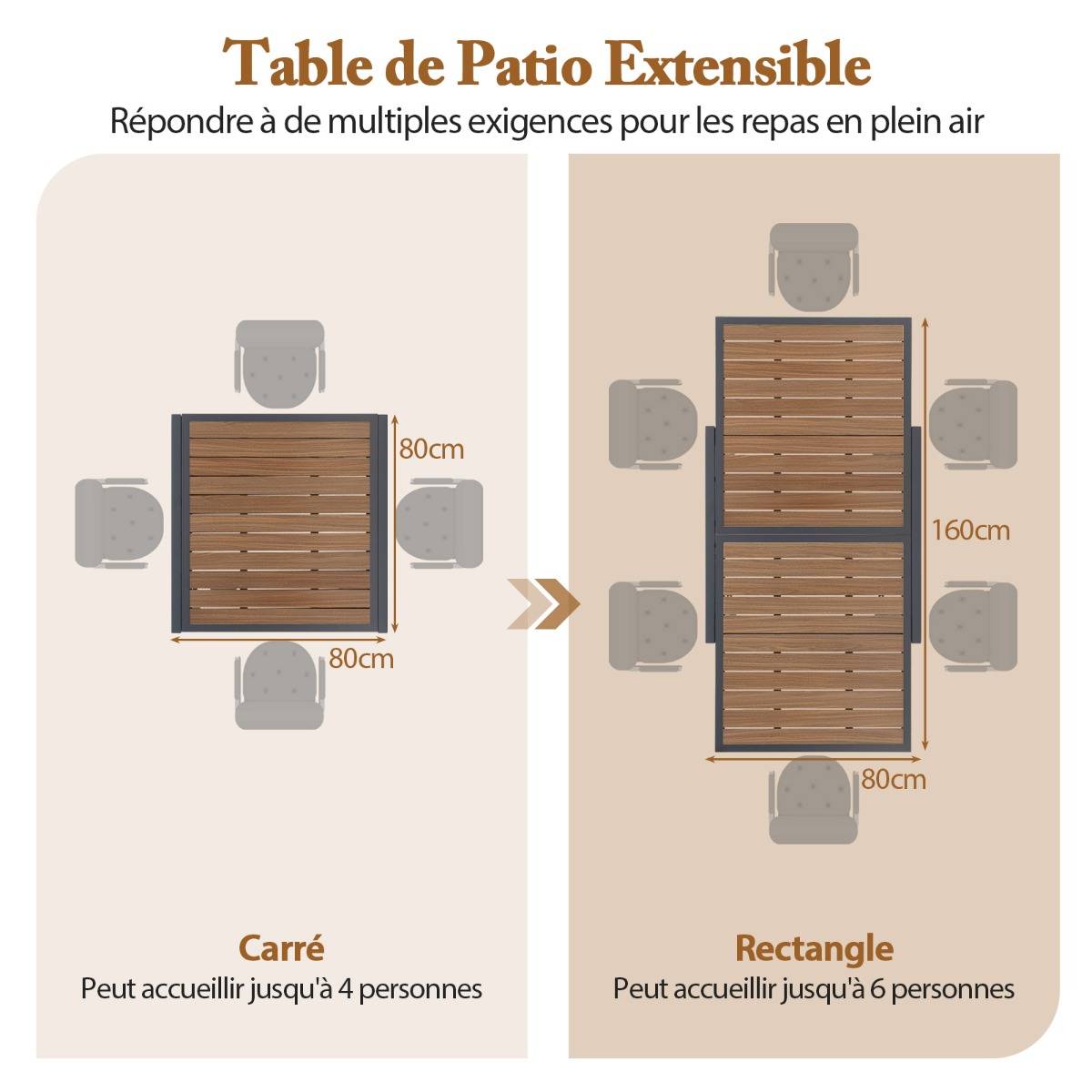 Table de Jardin Extensible en Aluminium Ajustable de 80 à 160 CM Table à Manger Extérieure Rectangulaire pour 4-6 Personnes Naturel - Image 9