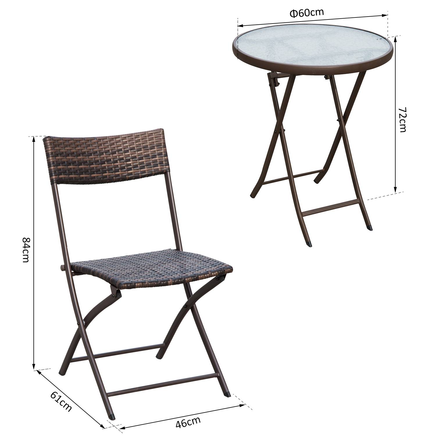 Outsunny - Ensemble salon de jardin 2 places table ronde pliable plateau verre trempé chaises pliantes résine tressée chocolat - Outsunny - Image 3