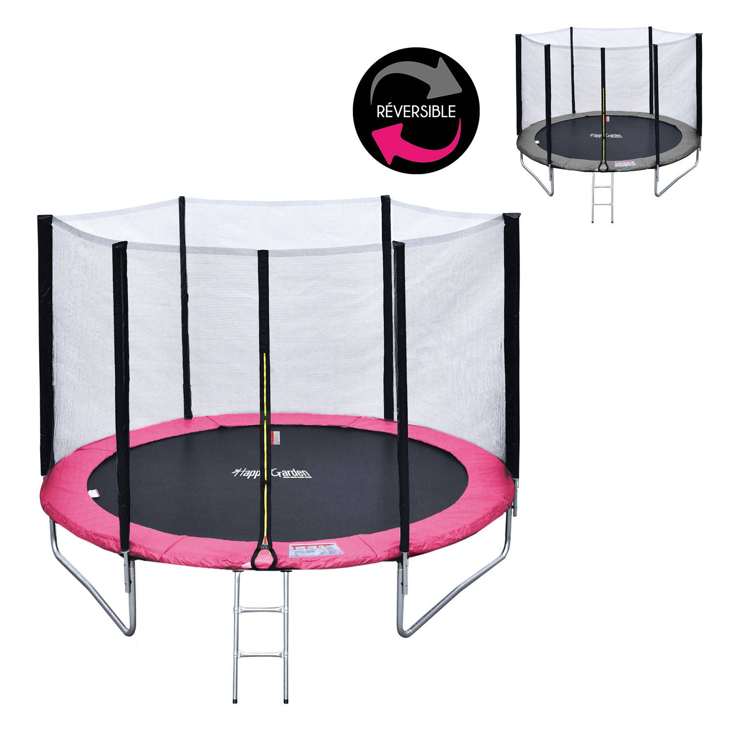 Pack Premium Trampoline 245cm réversible gris / rose CANBERRA + filet, échelle, bâche et kit d'ancrage - HAPPY GARDEN - Image 4