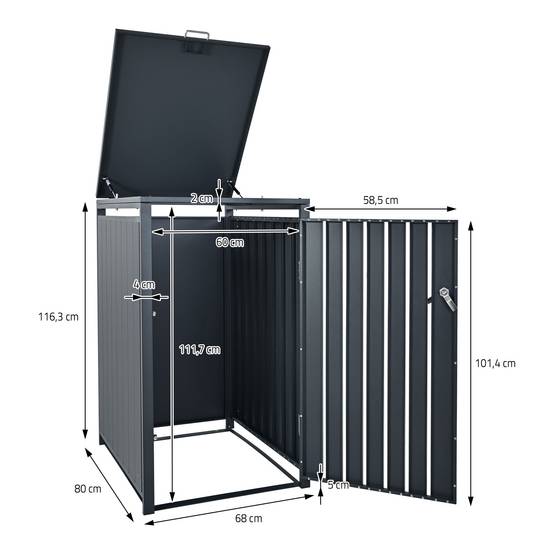 Abri pour 3 poubelles 200x80x116,3 cm 60 à 240 litres par compartiment anthracite acier couvercle rabattable et 3 portes résistant aux intempéries - Image 8