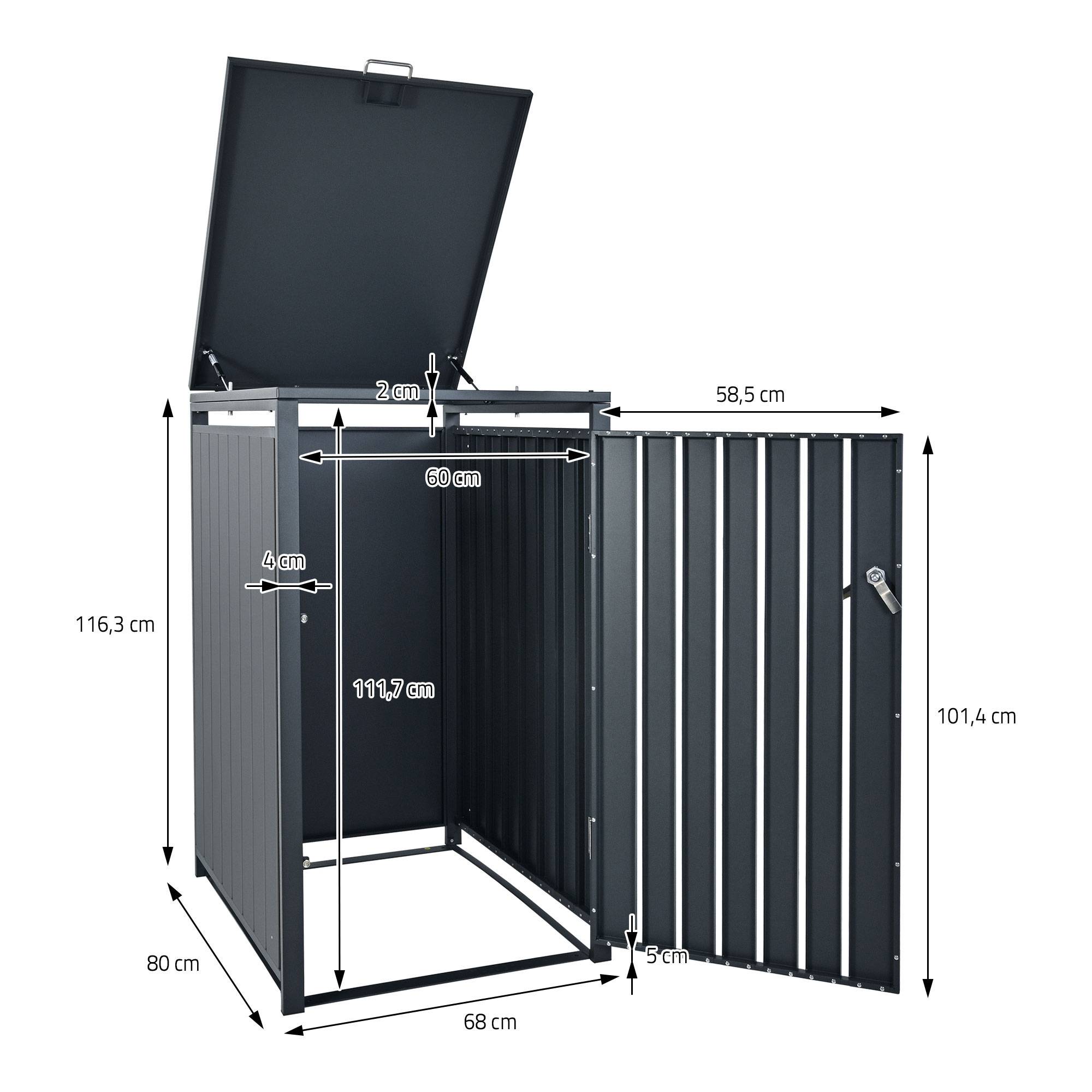 Abri pour 3 poubelles 200x80x116,3 cm 60 à 240 litres par compartiment anthracite acier couvercle rabattable et 3 portes résistant aux intempéries - Image 8