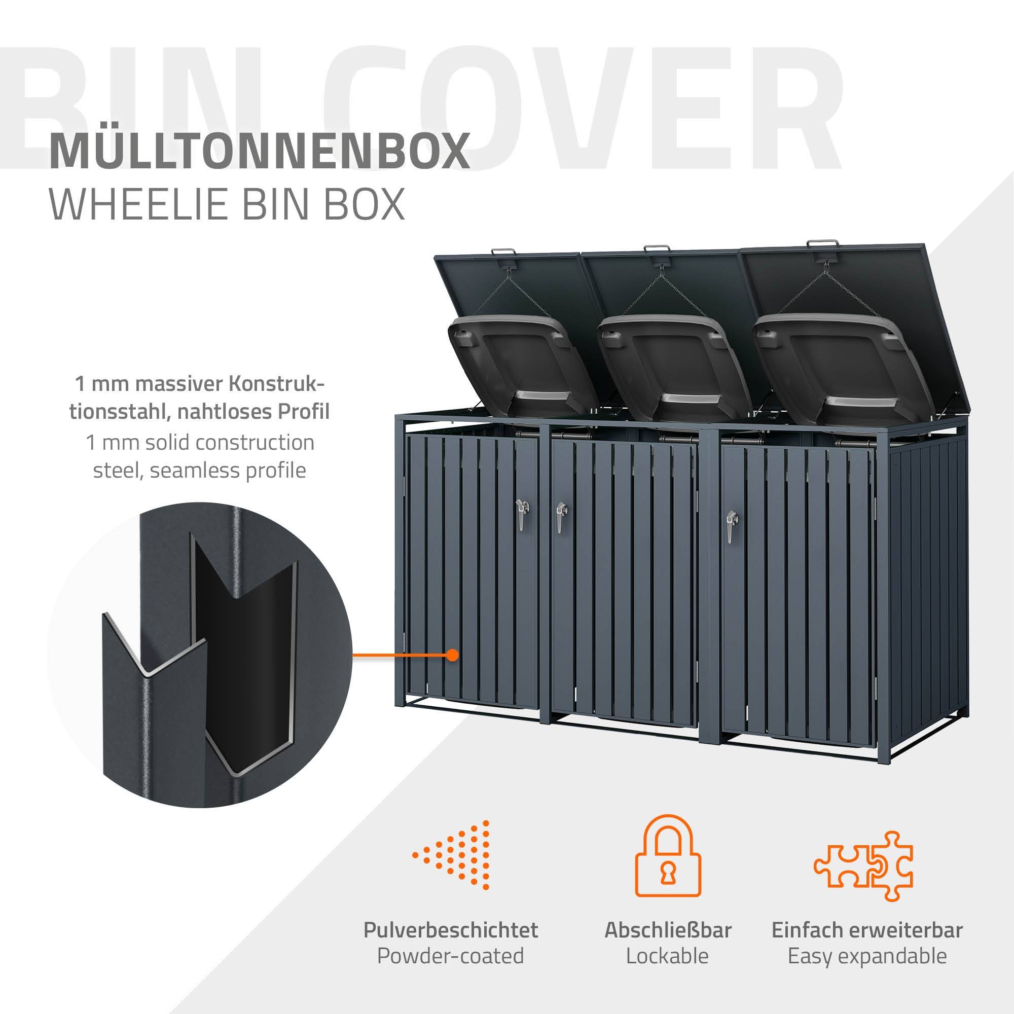 Abri pour 3 poubelles 200x80x116,3 cm 60 à 240 litres par compartiment anthracite acier couvercle rabattable et 3 portes résistant aux intempéries - Image 3