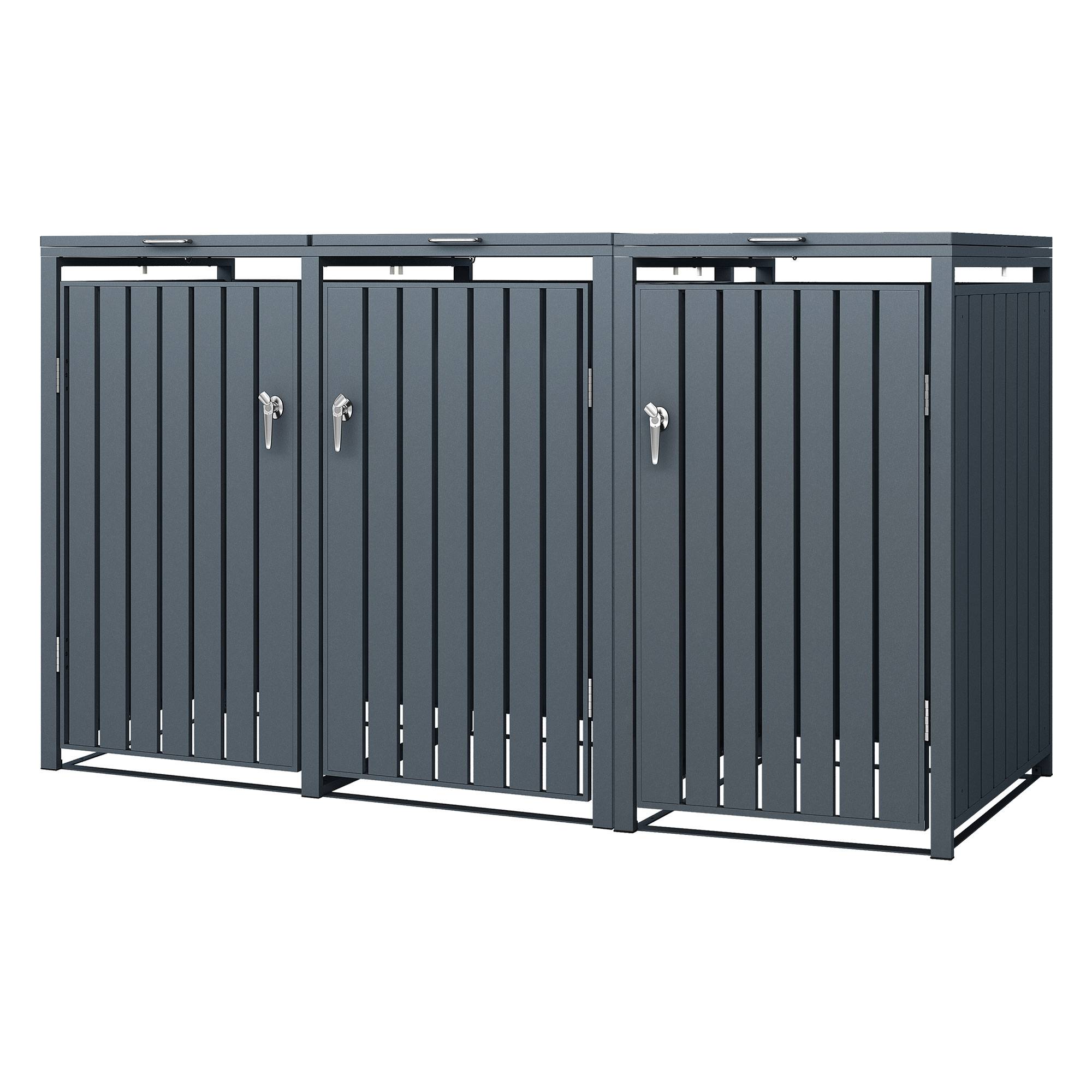Abri pour 3 poubelles 200x80x116,3 cm 60 à 240 litres par compartiment anthracite acier couvercle rabattable et 3 portes résistant aux intempéries - Image 1
