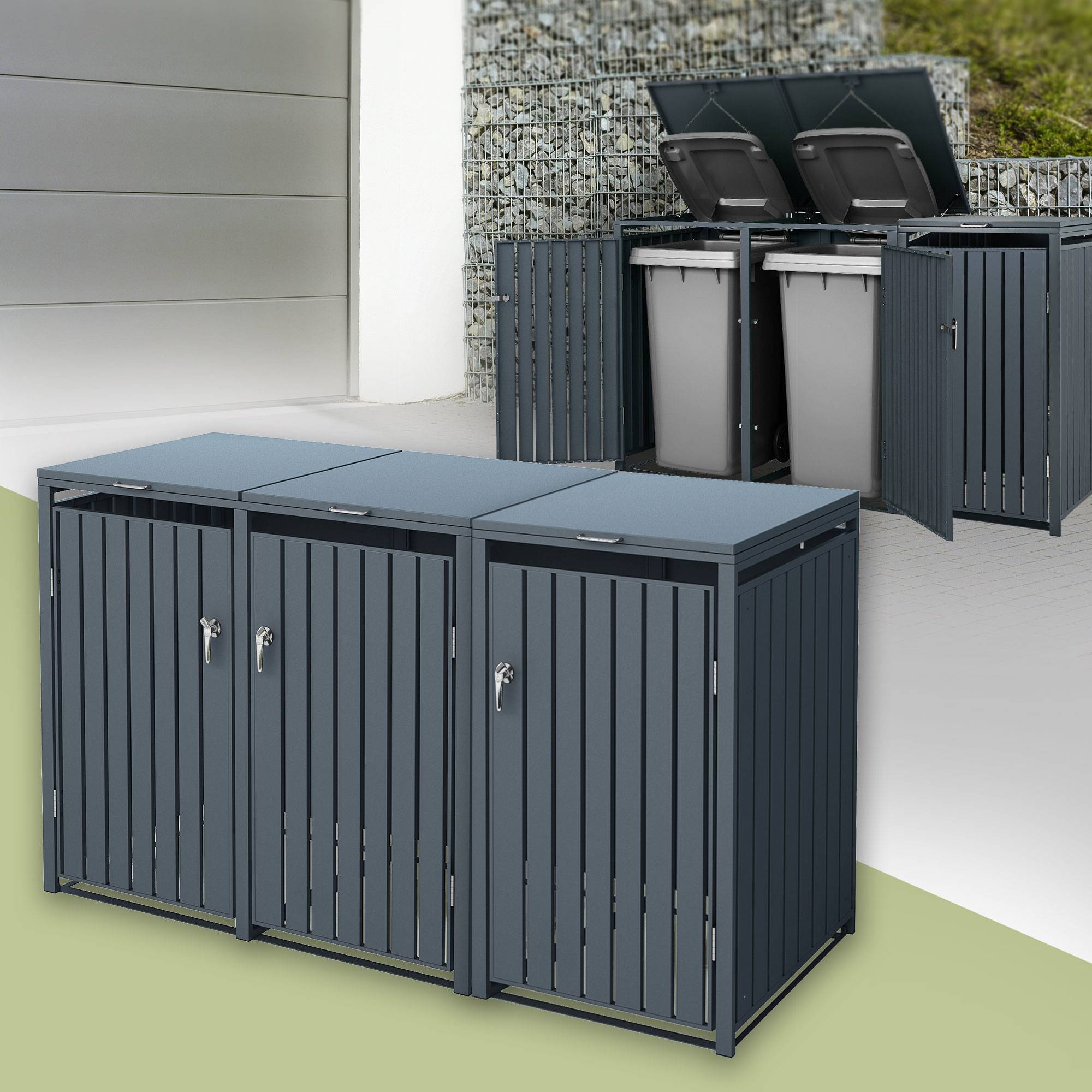 Abri pour 3 poubelles 200x80x116,3 cm 60 à 240 litres par compartiment anthracite acier couvercle rabattable et 3 portes résistant aux intempéries - Image 2