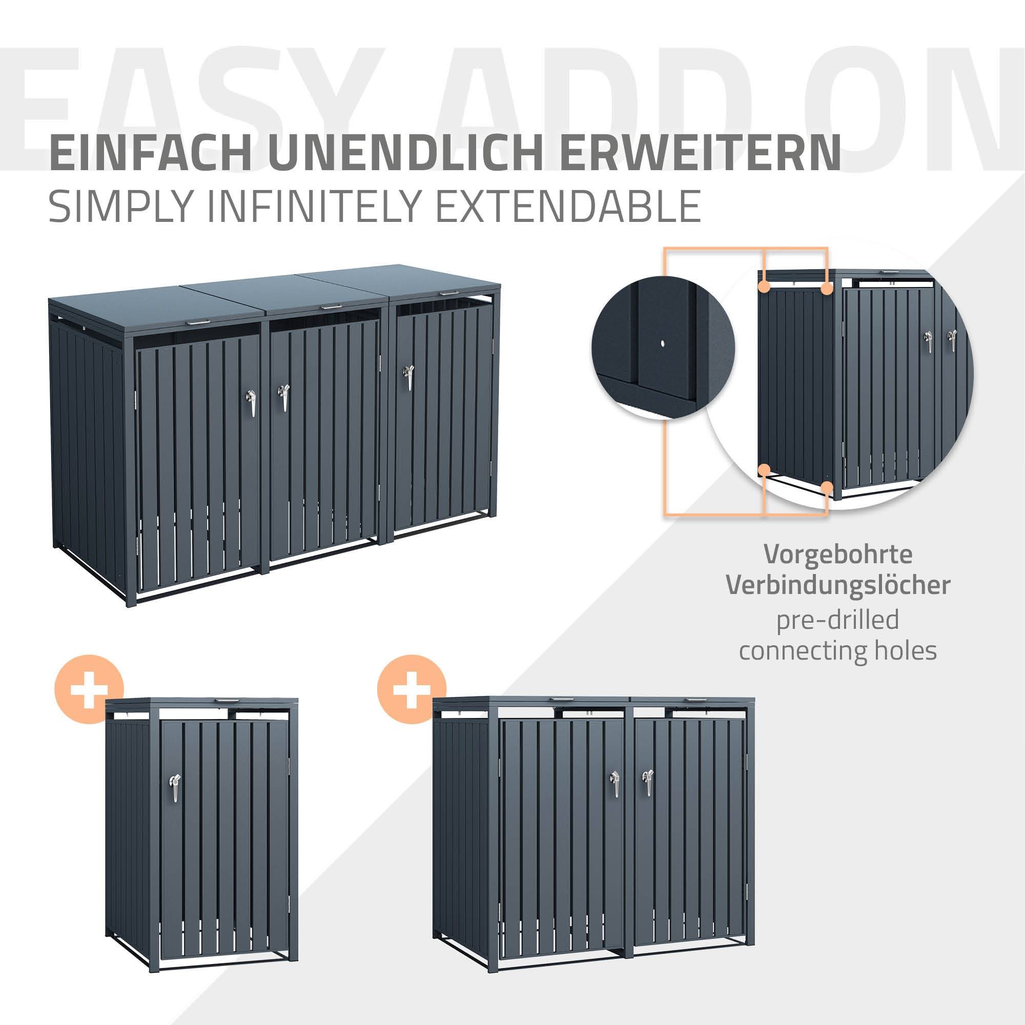 Abri pour 3 poubelles 200x80x116,3 cm 60 à 240 litres par compartiment anthracite acier couvercle rabattable et 3 portes résistant aux intempéries - Image 7