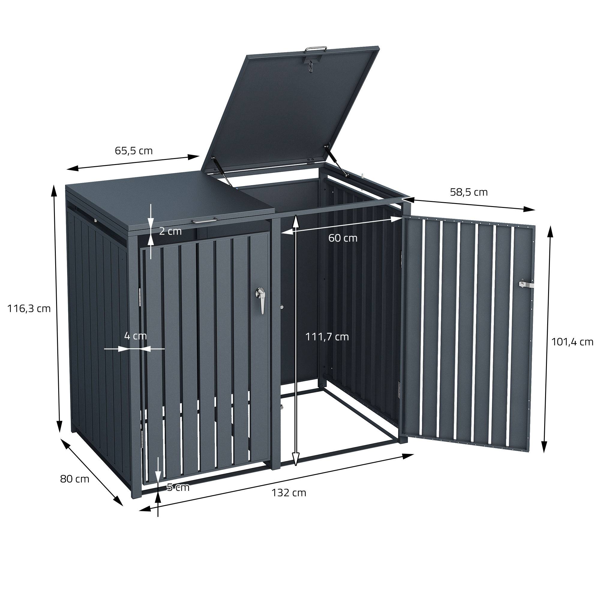 Abri pour 3 poubelles 200x80x116,3 cm 60 à 240 litres par compartiment anthracite acier couvercle rabattable et 3 portes résistant aux intempéries - Image 9
