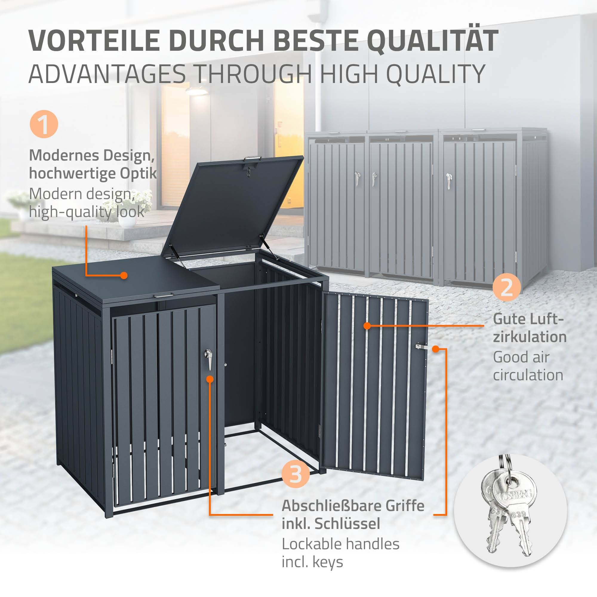 Abri pour 3 poubelles 200x80x116,3 cm 60 à 240 litres par compartiment anthracite acier couvercle rabattable et 3 portes résistant aux intempéries - Image 4