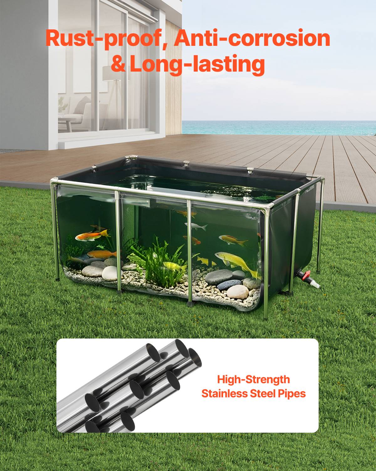 Vevor - Bassin à poissons hors sol 1023,3 L, toile PVC, panneau transparent, cadre inox, vanne de vidange, pour poissons rouges, carpes, koïs. - Image 4