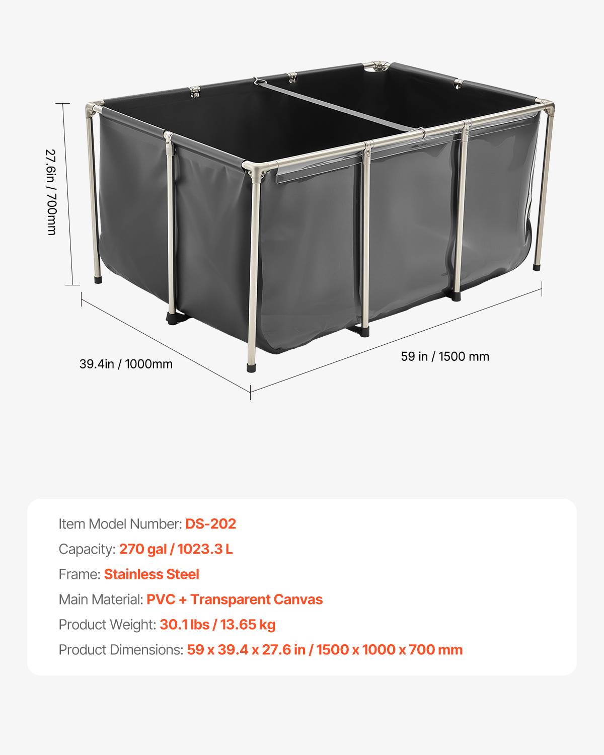 Vevor - Bassin à poissons hors sol 1023,3 L, toile PVC, panneau transparent, cadre inox, vanne de vidange, pour poissons rouges, carpes, koïs. - Image 6