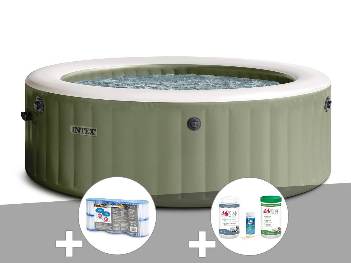 Kit spa gonflable Intex PureSpa Olive rond Bulles 4 places + 6 filtres + Kit de traitement brome