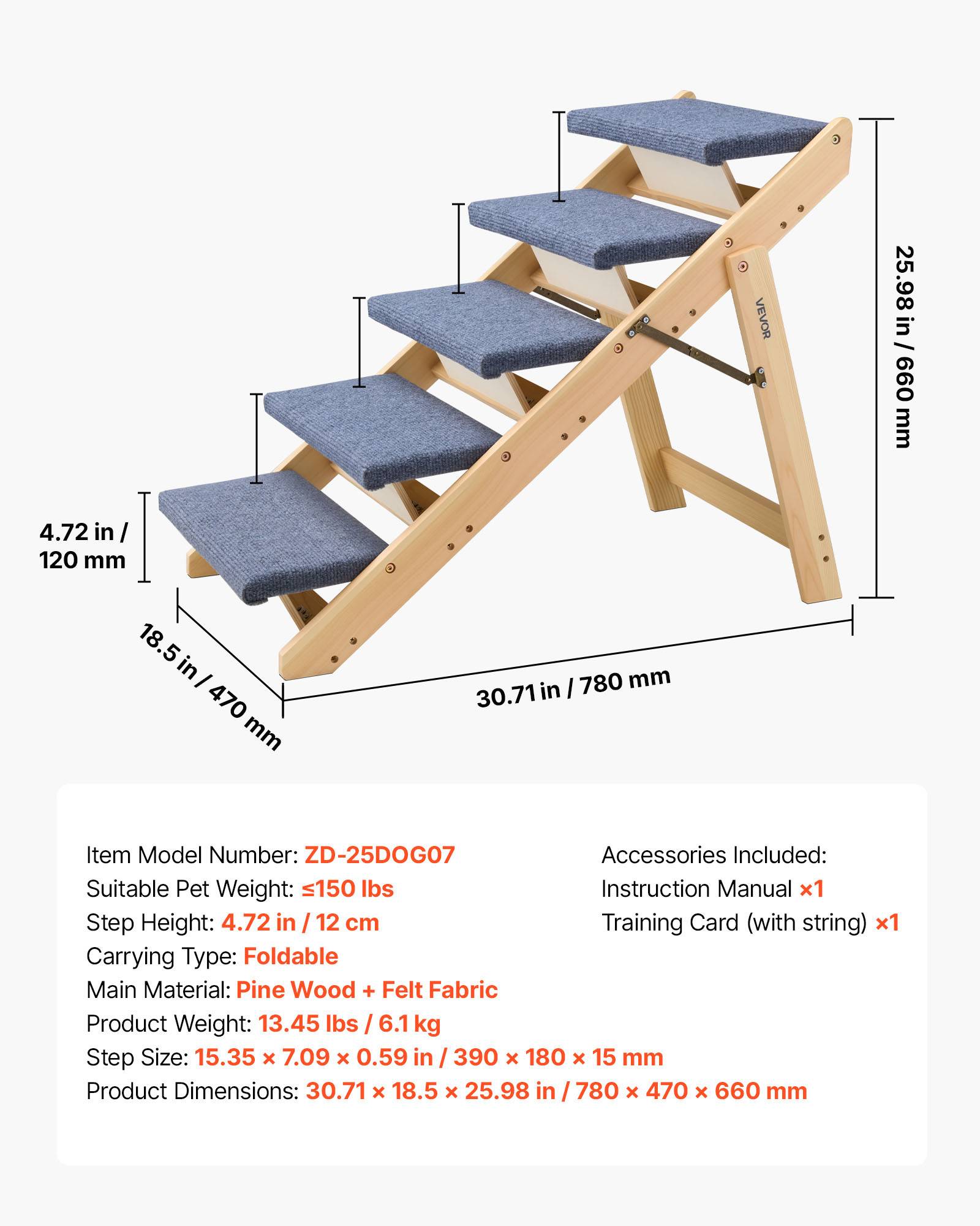 Vevor - VEVOR Escalier Chien Pliable 5 Marches Rampe Canapé Lit Voiture Jusqu'à 68 kg - Image 7