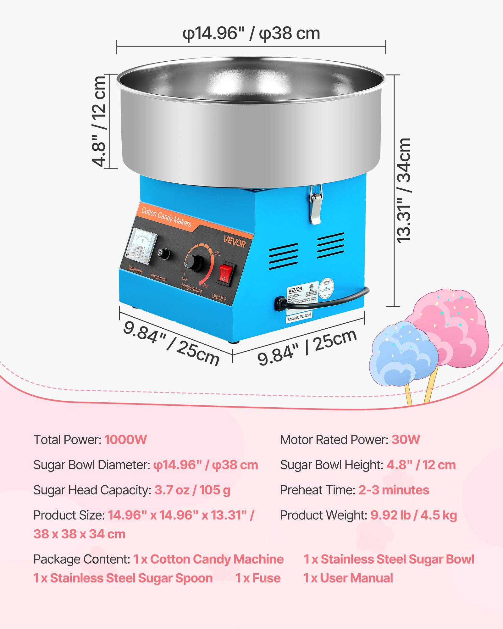 VEVOR Machine barbe à papa électrique 1000 W, comptoir, bol inox 38 cm, bleu. - Image 7
