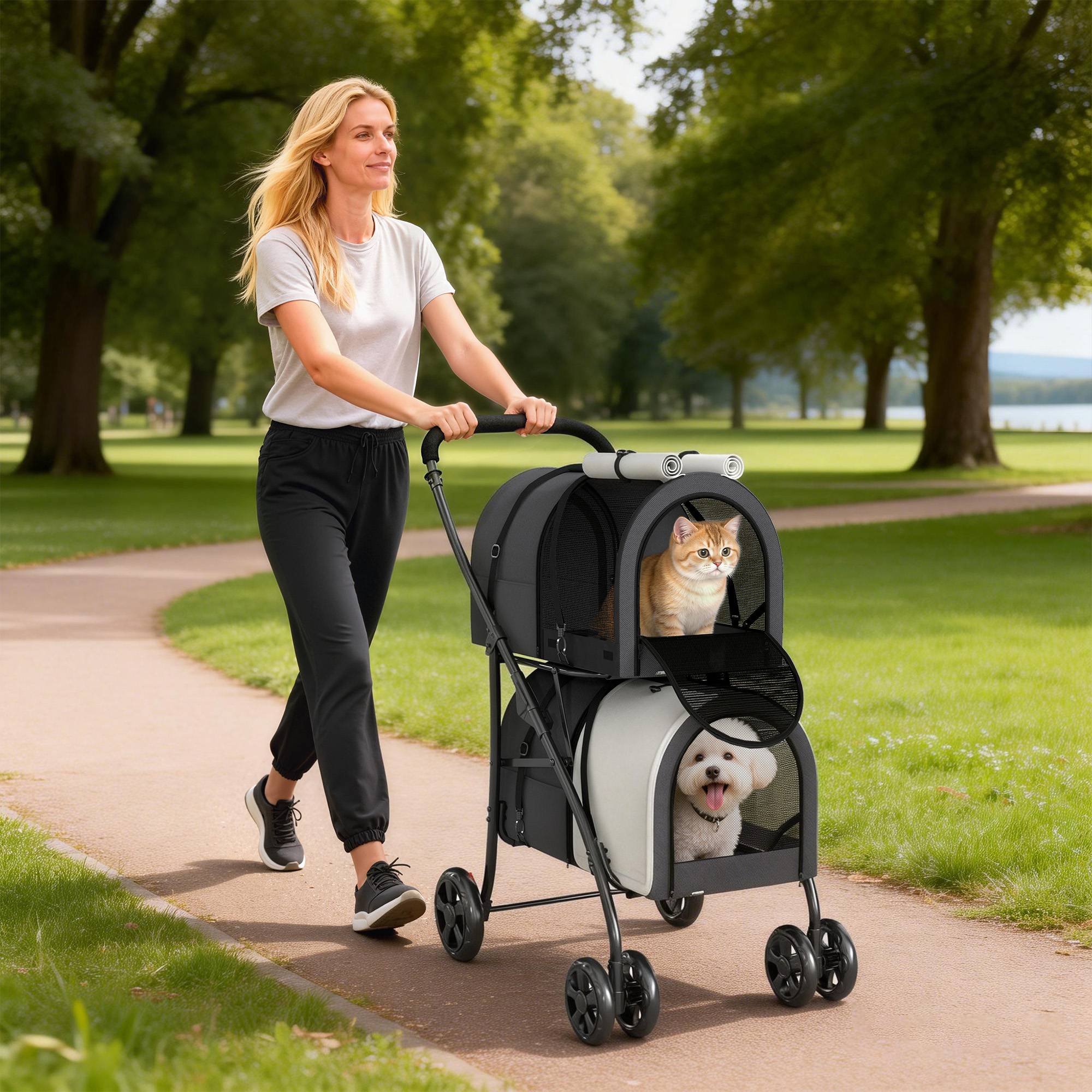 Poussette double pliable pour chiens et chats avec 2 paniers amovibles, ceinture et coussins, 66 x 50 x 98 cm, gris foncé - Image 3