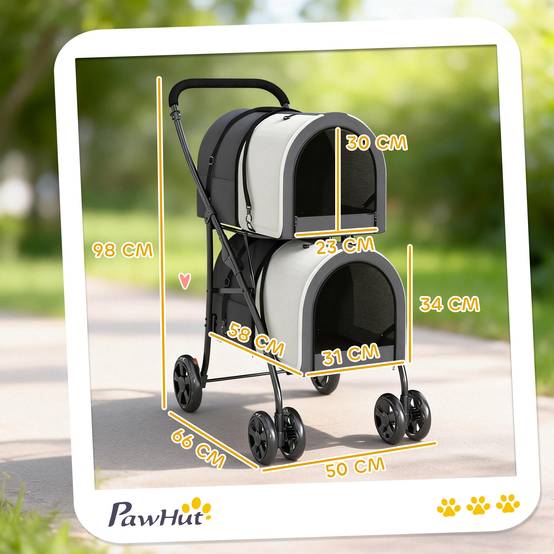 Poussette double pliable pour chiens et chats avec 2 paniers amovibles, ceinture et coussins, 66 x 50 x 98 cm, gris foncé - Image 5