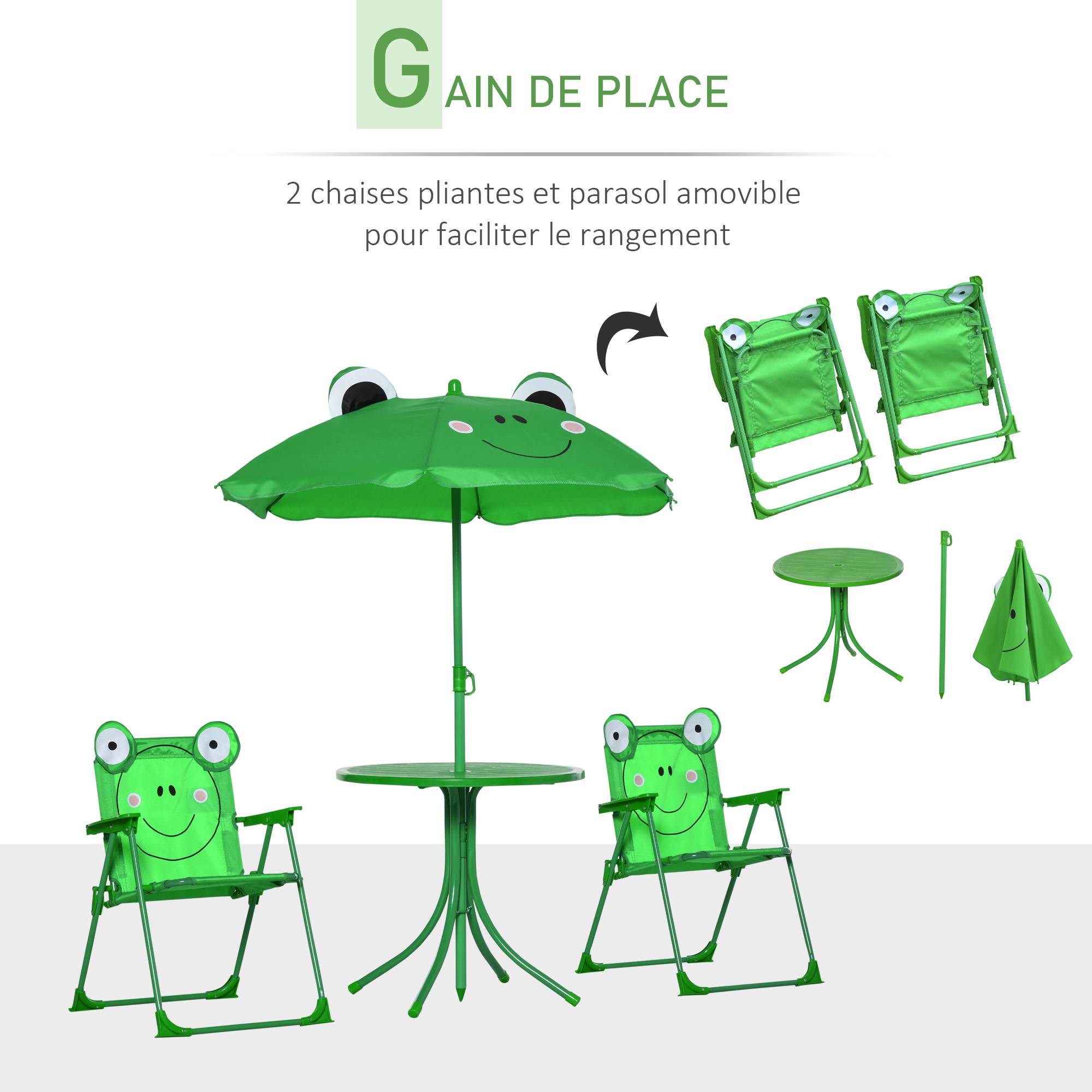 Maison Chic - Ensemble Salon de Jardin Enfant 4 pcs Design Grenouille - Table Ronde + 2 chaises Pliables + Parasol - métal époxy Oxford Vert - Image 7