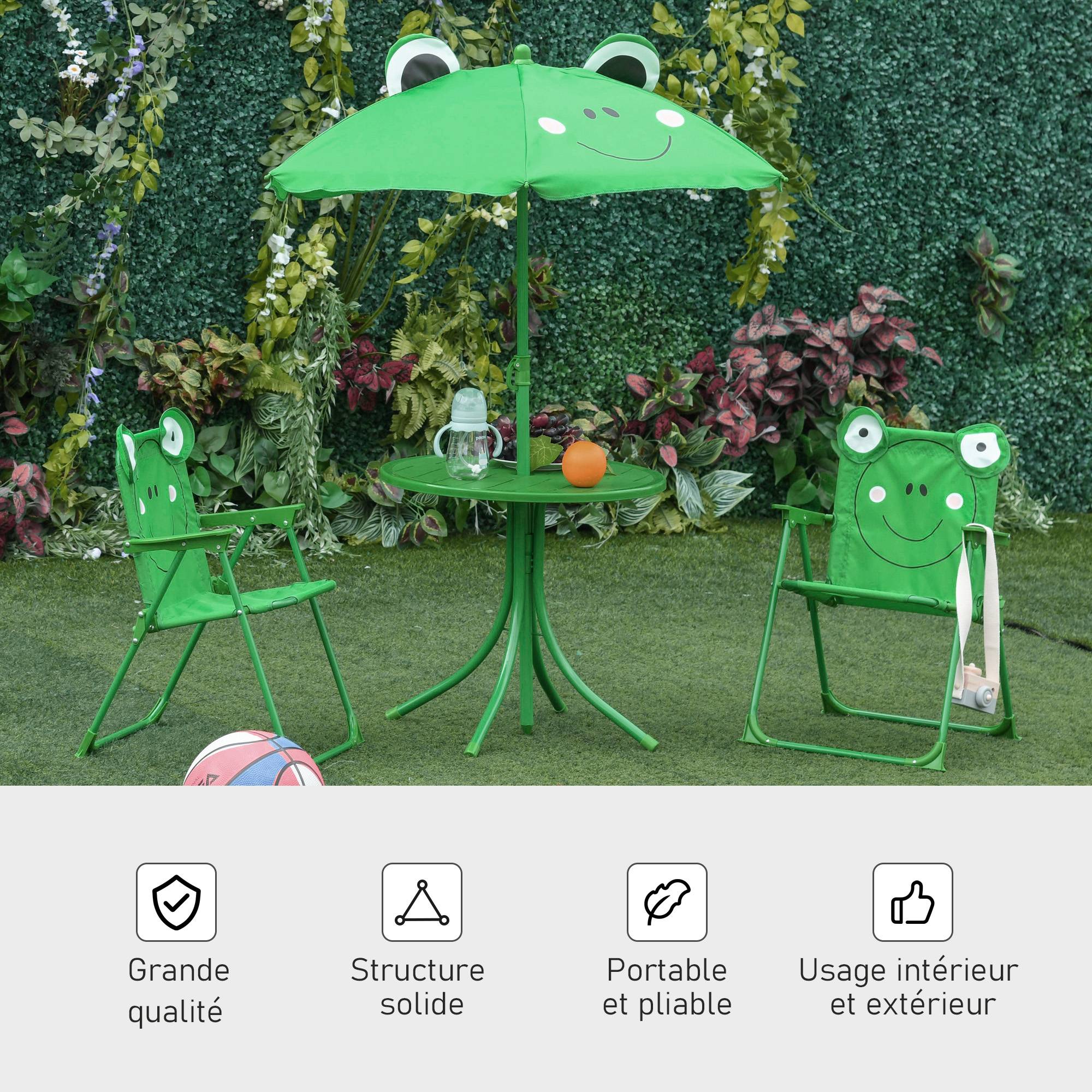 Maison Chic - Ensemble Salon de Jardin Enfant 4 pcs Design Grenouille - Table Ronde + 2 chaises Pliables + Parasol - métal époxy Oxford Vert - Image 6