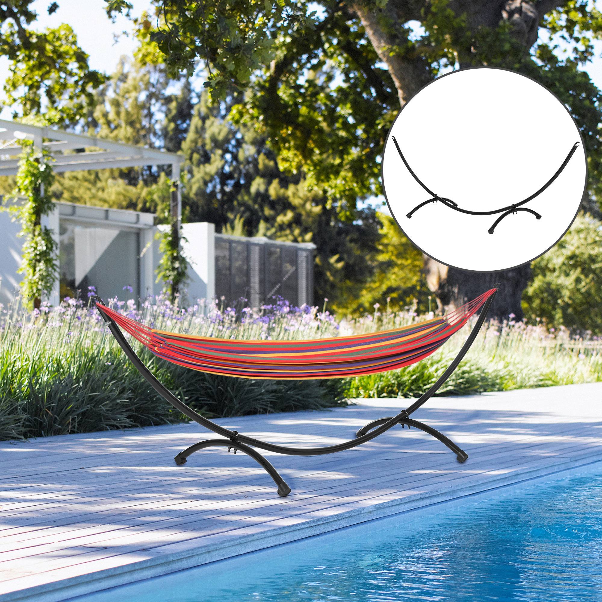 Support hamac extérieur acier avec corde traction résistant jardin camping noir 300x90x100 cm - Image 3