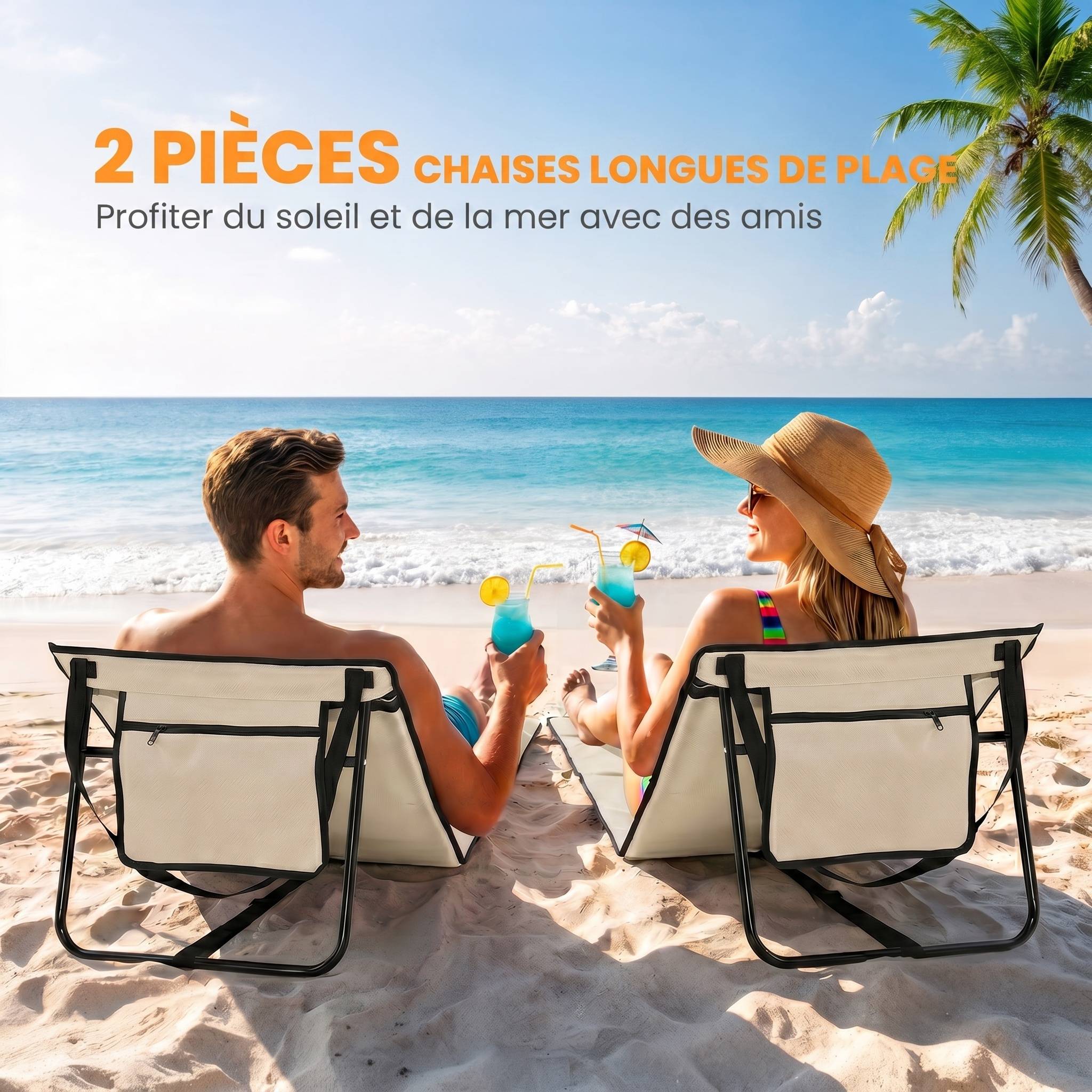 Lot 2 tapis de plage pliables tissu oxford parc piscine dossier réglable beige - ComfortXL Outdoor Living - Image 5