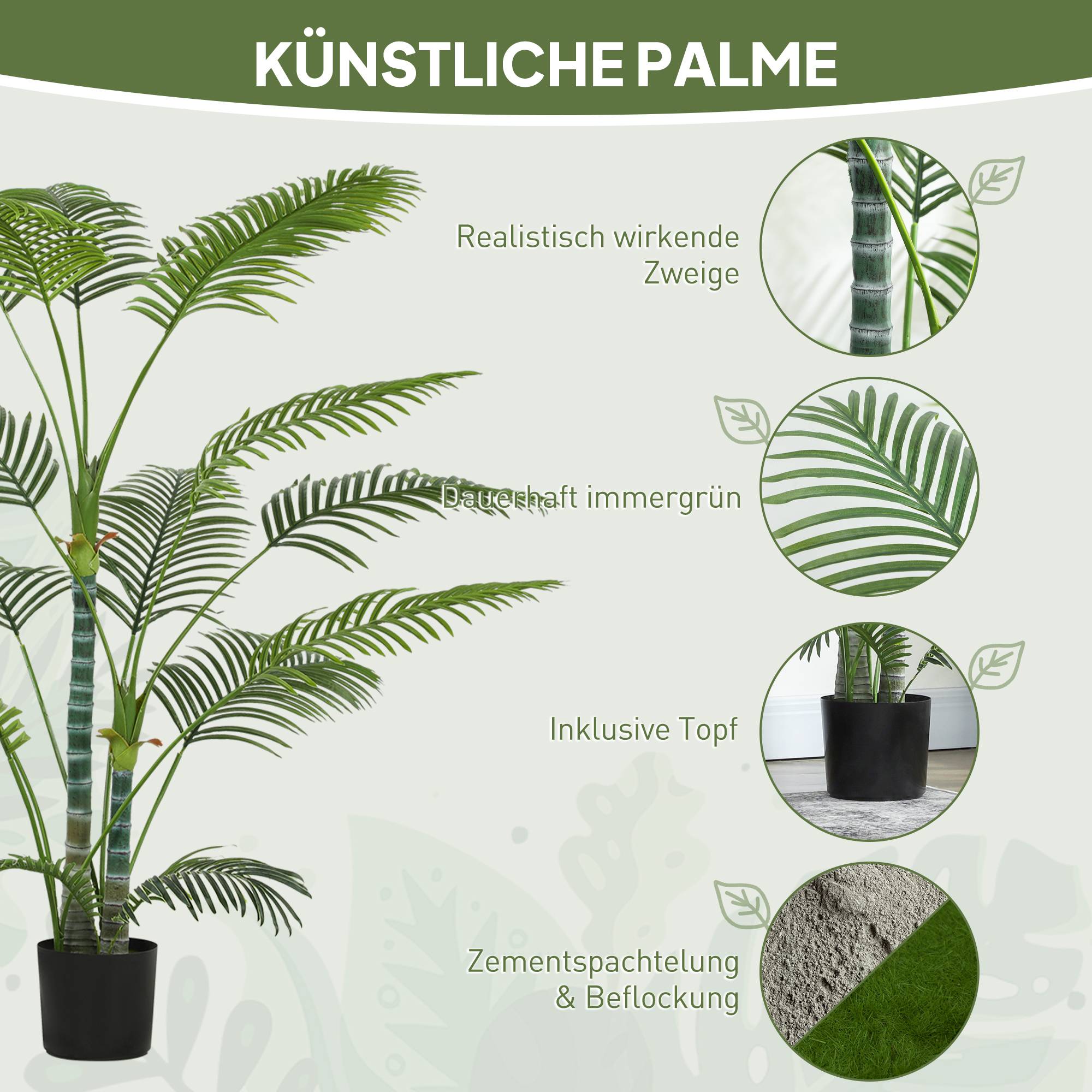 Sans Marque - Palmier artificiel avec 16 feuilles plastique, résistant UV, avec pot, int./ext., vert - Image 6