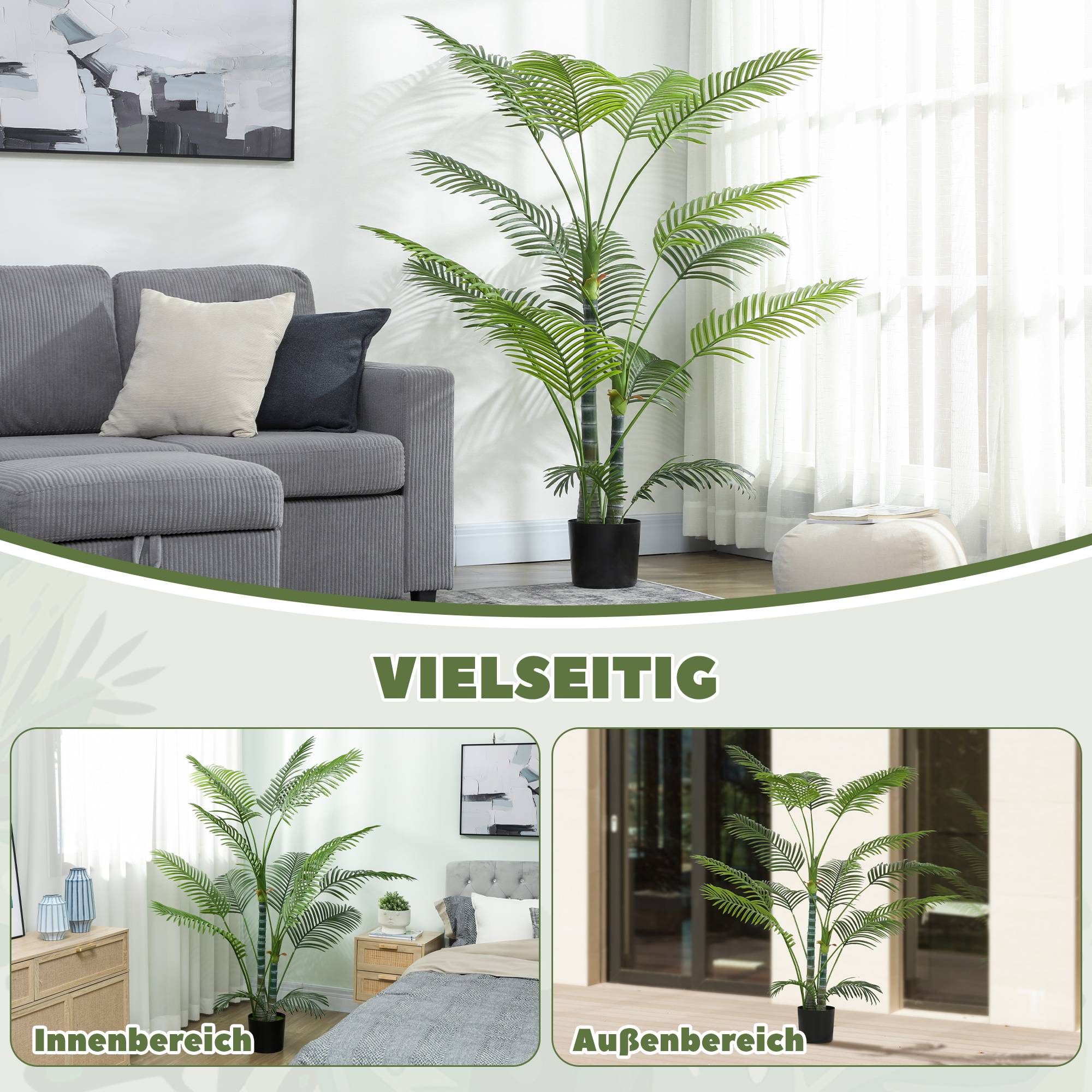 Sans Marque - Palmier artificiel avec 16 feuilles plastique, résistant UV, avec pot, int./ext., vert - Image 7