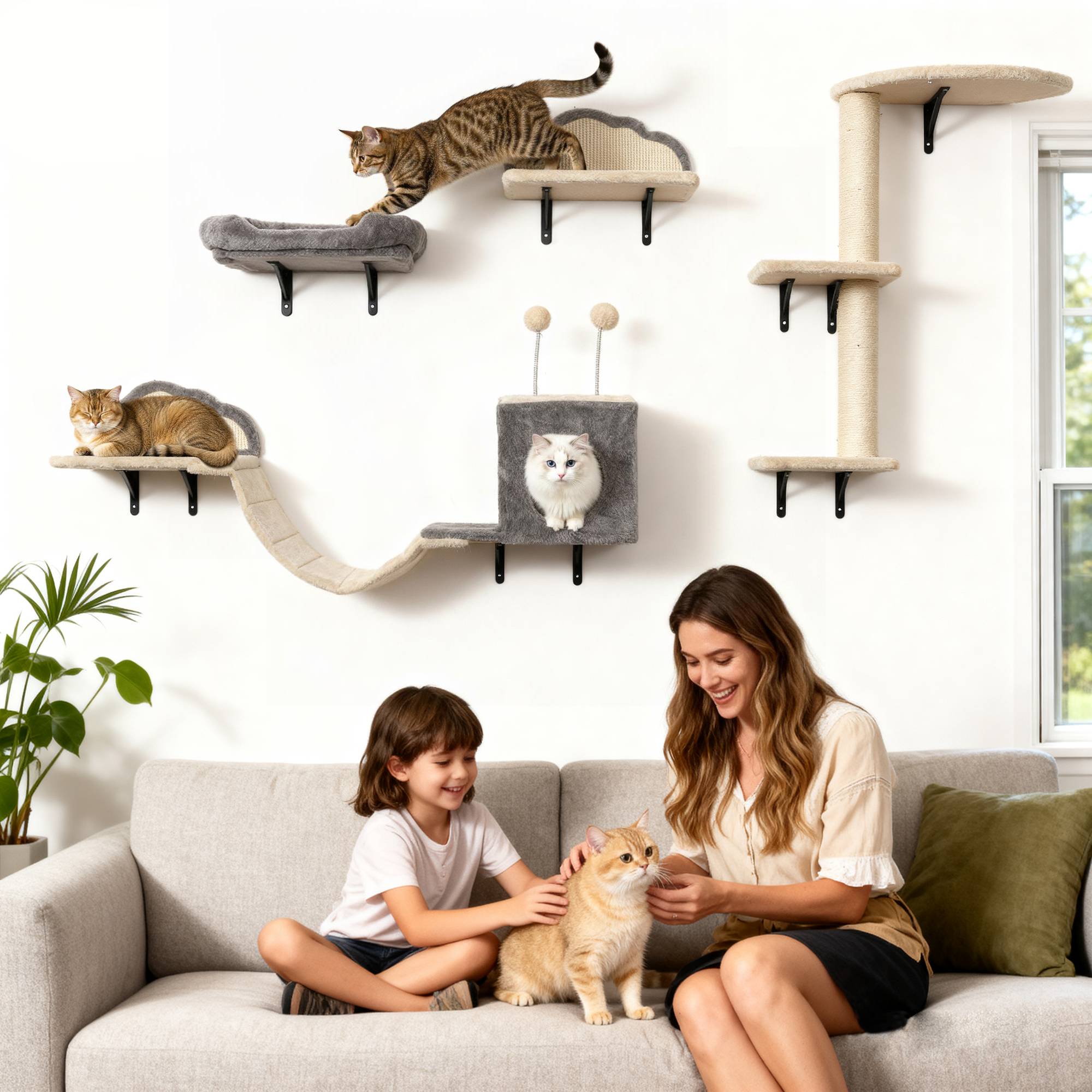 Arbre à chat mural bois peluche pour 1 à 3 chats repos et jeu beige 84cm - ComfortXL Outdoor Living - Image 3