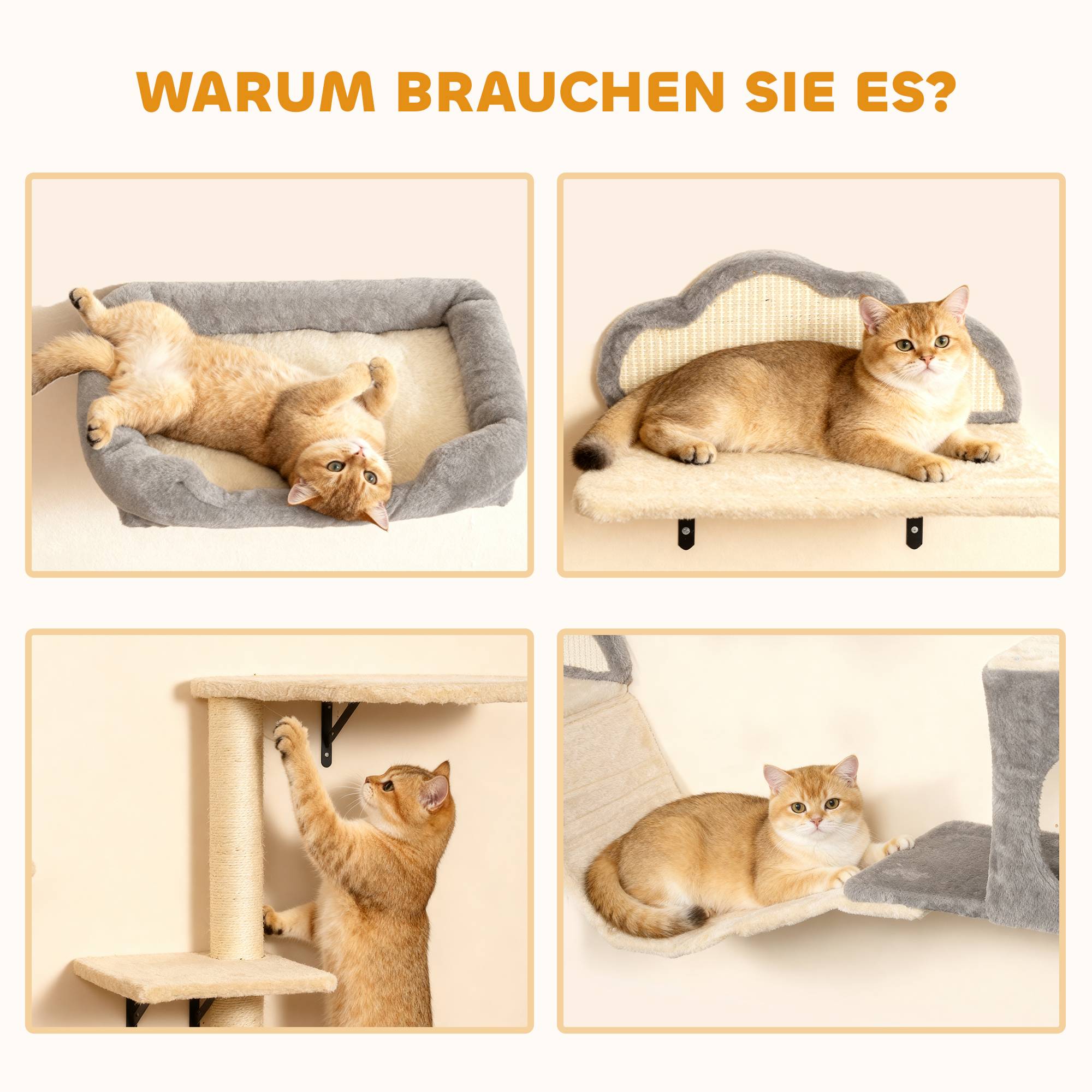 Arbre à chat mural bois peluche pour 1 à 3 chats repos et jeu beige 84cm - ComfortXL Outdoor Living - Image 8