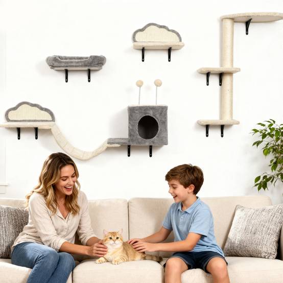 Arbre à chat mural bois peluche pour 1 à 3 chats repos et jeu beige 84cm - ComfortXL Outdoor Living - Image 10