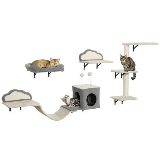 Arbre à chat mural bois peluche pour 1 à 3 chats repos et jeu beige 84cm - ComfortXL Outdoor Living - Image 1