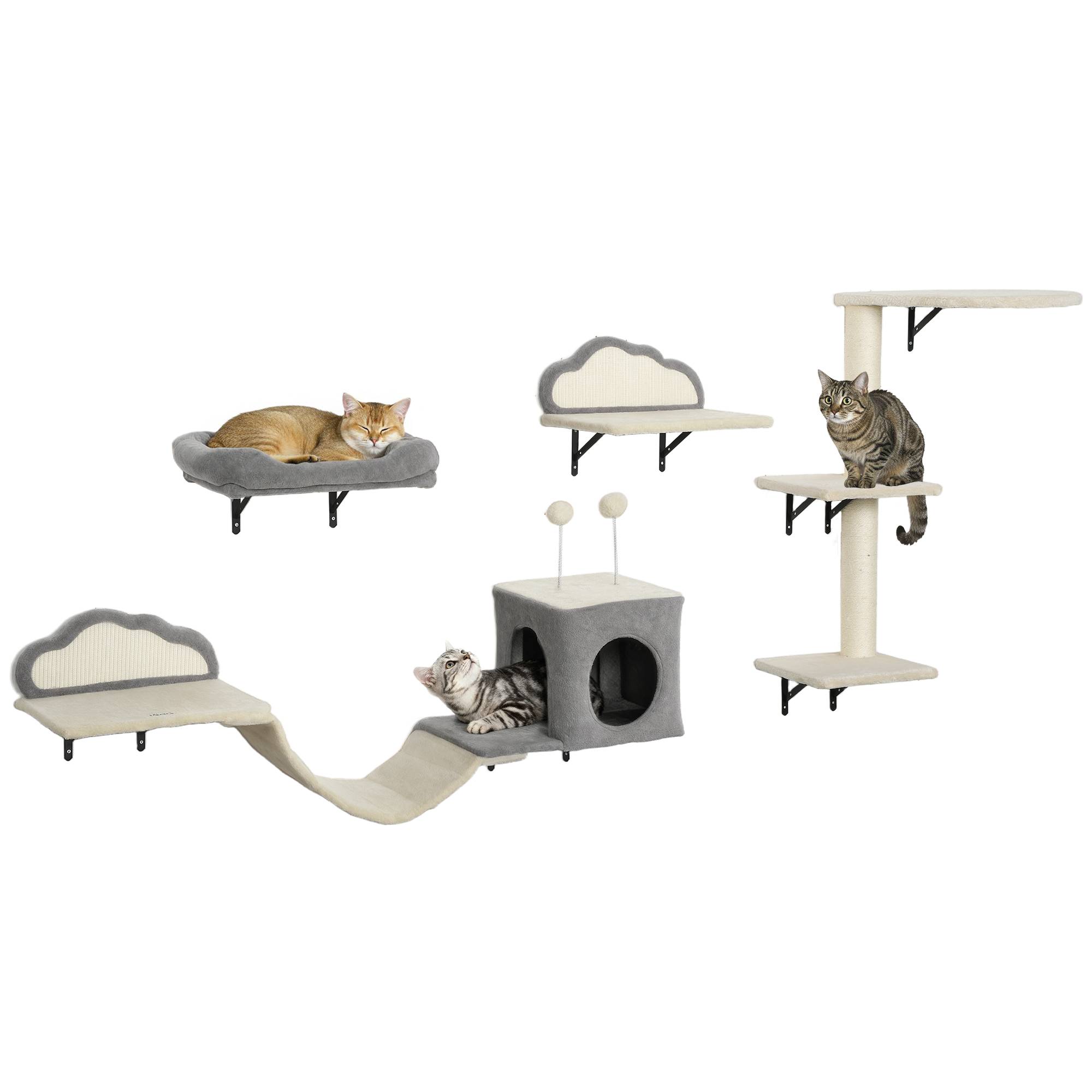 Arbre à chat mural bois peluche pour 1 à 3 chats repos et jeu beige 84cm - ComfortXL Outdoor Living - Image 1