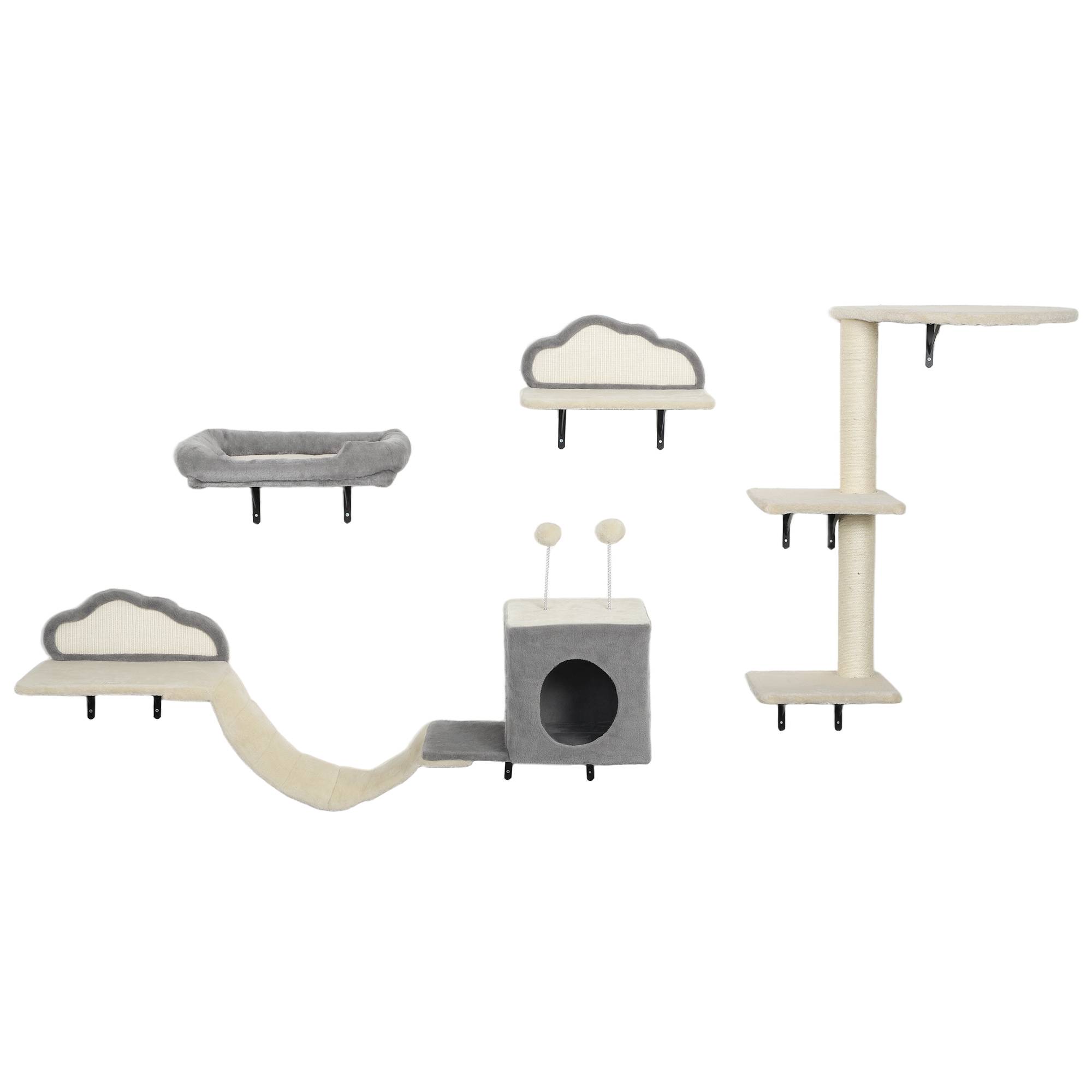 Arbre à chat mural bois peluche pour 1 à 3 chats repos et jeu beige 84cm - ComfortXL Outdoor Living - Image 2