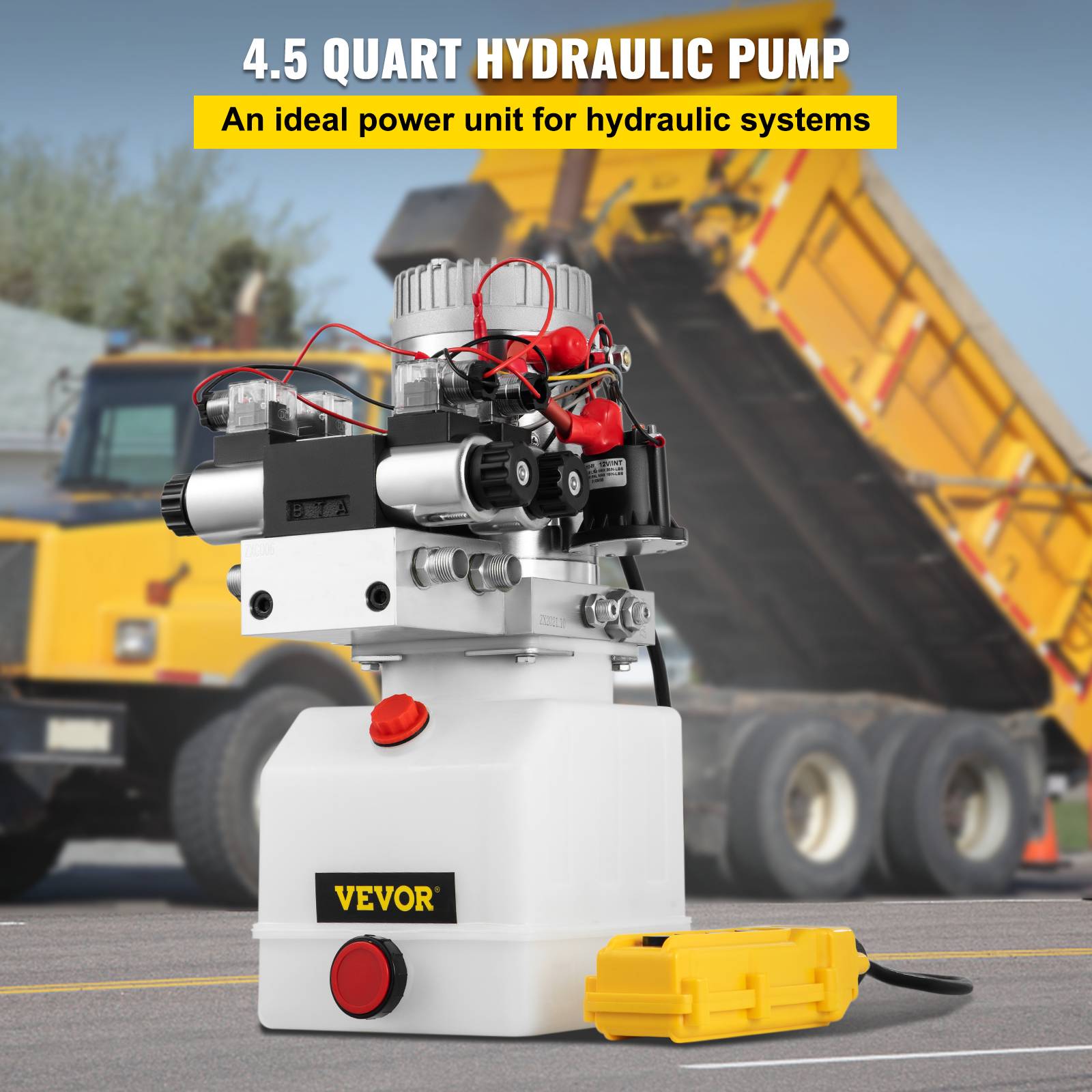 VEVOR Pompe hydraulique 12V 4.5L, double effet/sole noïde. Réservoir plastique. Pour élévateur à ciseaux. - Image 2