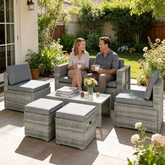 Salon de Jardin en résine tressée 4 places avec 1 canapé 2 fauteuils et 1 table basse 7 coussins inclus gris - Image 3
