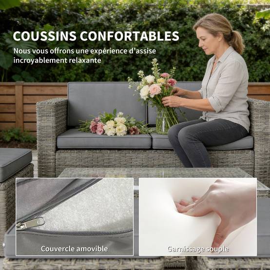 Salon de Jardin en résine tressée 4 places avec 1 canapé 2 fauteuils et 1 table basse 7 coussins inclus gris - Image 9