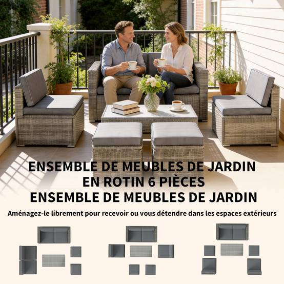 Salon de Jardin en résine tressée 4 places avec 1 canapé 2 fauteuils et 1 table basse 7 coussins inclus gris - Image 6