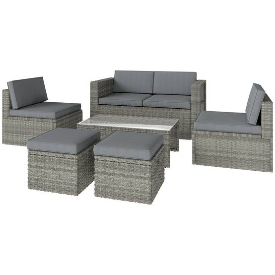 Salon de Jardin en résine tressée 4 places avec 1 canapé 2 fauteuils et 1 table basse 7 coussins inclus gris - Image 2