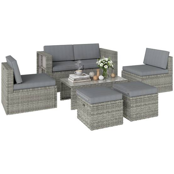 Salon de Jardin en résine tressée 4 places avec 1 canapé 2 fauteuils et 1 table basse 7 coussins inclus gris - Image 1