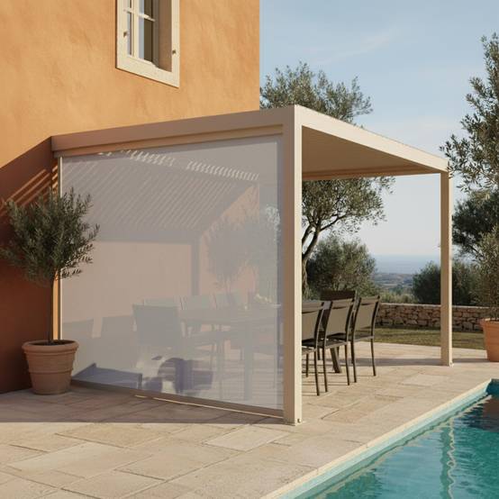 Oviala - Pergola bioclimatique adossée 3x4m et 1 store bois crème Oia - Oviala - Image 1