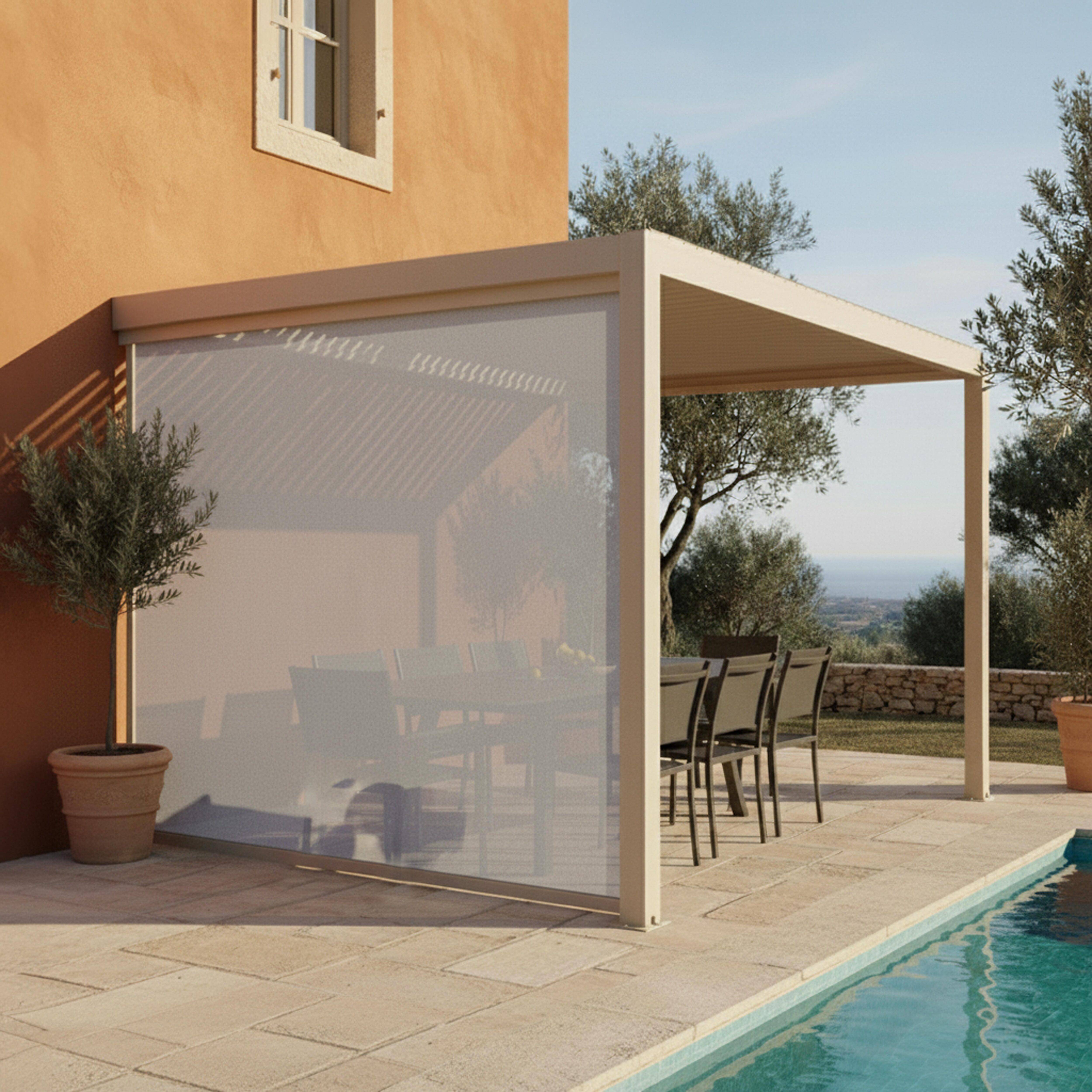 Oviala - Pergola bioclimatique adossée 3x4m et 1 store bois crème Oia - Oviala - Image 1