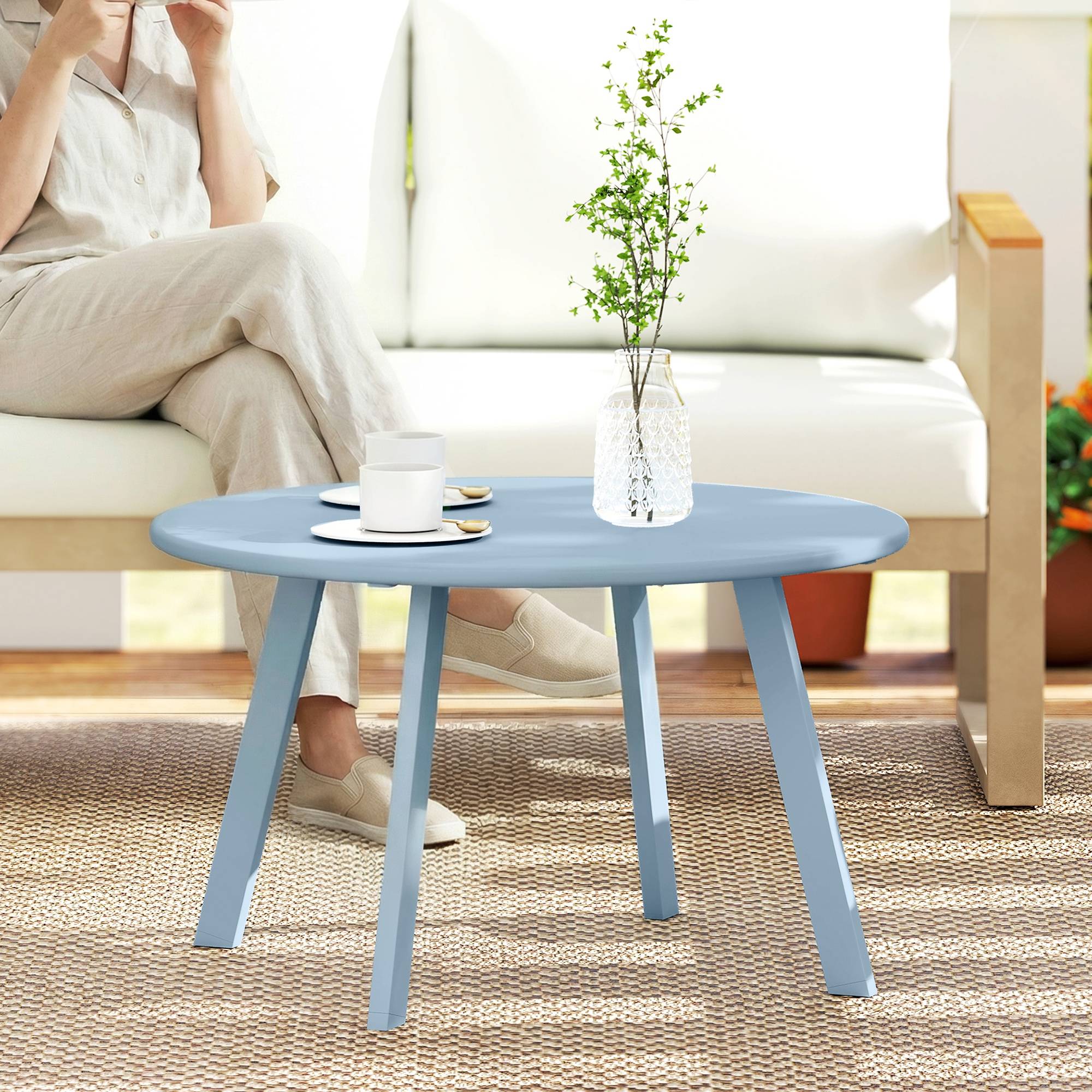 Sans Marque - Petite table basse ronde, table d'appoint avec patins antidérapants, cadre en métal, pour jardin, Ø 70 x 42 cm, bleu - Image 3