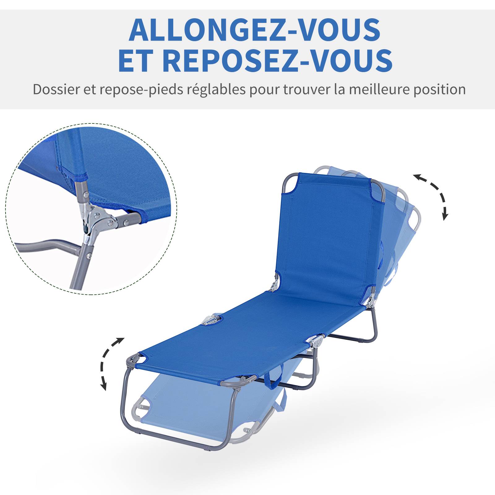 Bain de Soleil transat Pliable Dossier réglable Multipositions métal et Polyester Bleu fr118 - Image 6