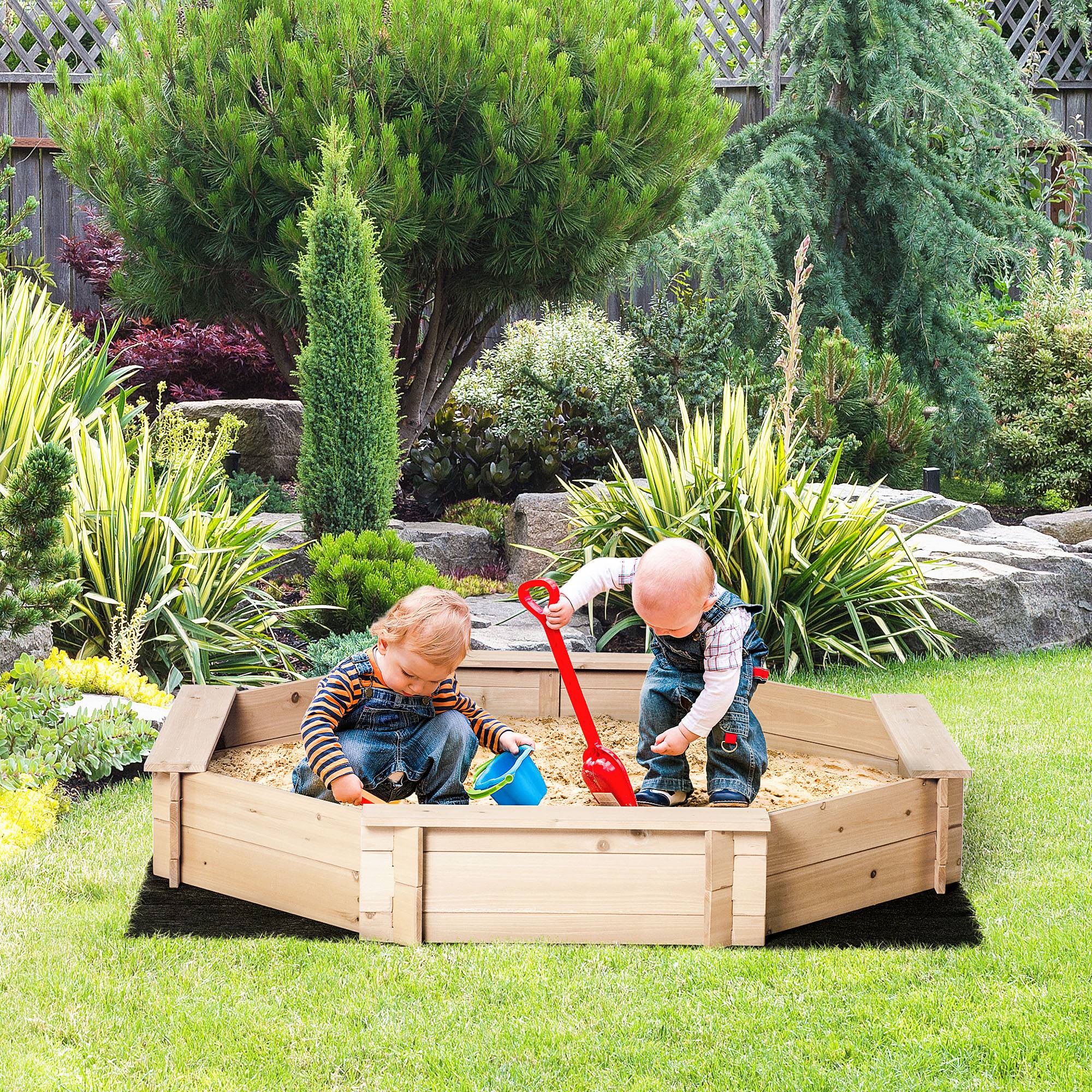 Outsunny - Bac à sable bois octogonal dim. 139,5L x 139,5l x 21,5H cm - 4 bancs - bâche de couverture, non tissé de sol inclus - bois sapin - Outsunny - Image 2