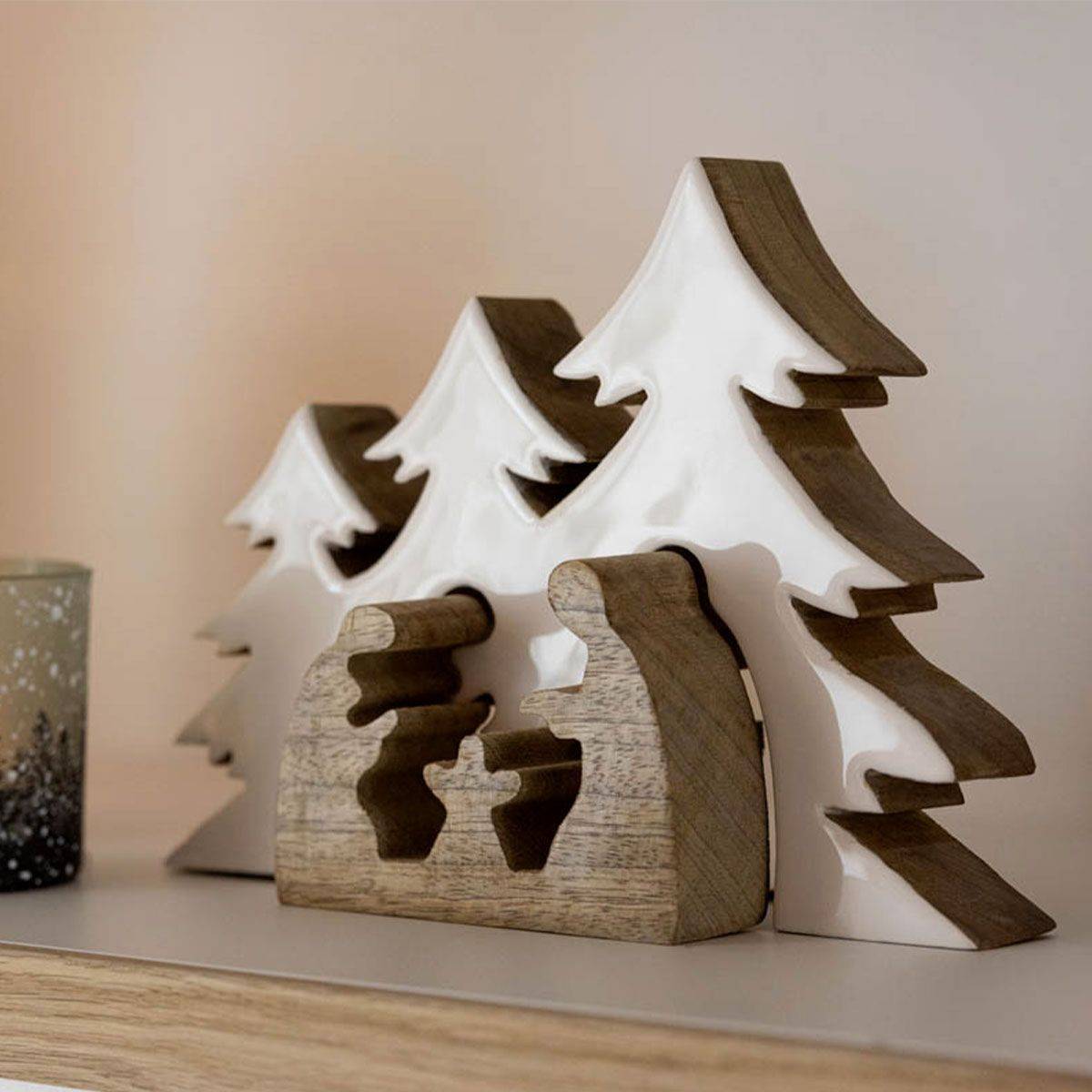 Crèche de Noël & Sapins "Puzzle" 25cm Blanc & Naturel - Image 3